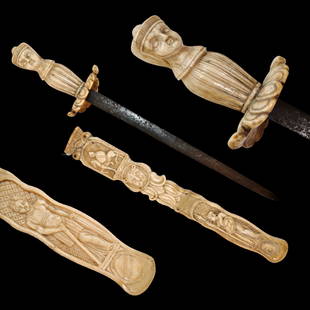 A Rare French nobleman's hunting dagger, hilt and scabbard carved from bone, 19th century.: A Rare French nobleman's hunting dagger, hilt and scabbard carved from bone, 19th century. Straight, steel double-edged blade. The handle, guard and scabbard are carved from bone and decorated with im