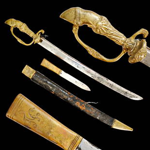 German hunting saber with knife, last half of the 18th century.: German hunting saber with knife, last half of the 18th century. A complex example with raised brass fastenings in the Rococo style, the pommel is a fully formed deer's hoof, the guard is tightly twist