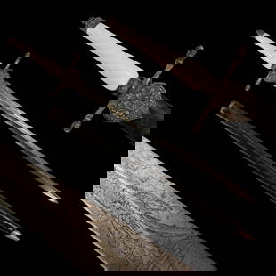A Hunting bayonet with silver fittings, Russian Empire, second half of the 19th century.: A Hunting bayonet with silver fittings, Russian Empire, second half of the 19th century. The steel blade is straight, double-edged, decorated with engraved images, the blade is presumably from the