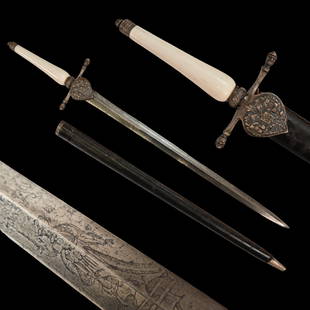 A Hunting bayonet with silver fittings, Russian Empire, second half of the 19th century.: A Hunting bayonet with silver fittings, Russian Empire, second half of the 19th century. The steel blade is straight, double-edged, decorated with engraved images, the blade is presumably from the 18t