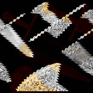 A magnificent 19th century French hunting dagger in the Renaissance style.: A magnificent 19th century French hunting dagger in the Renaissance style. The massive double-edged steel blade has a facet in the middle. The metal parts of the handle and scabbard are made of