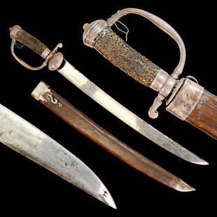 RARE FRENCH HUNTING SABER, CURVED BLADE WITH SILVER HANDLE 19TH C.: RARE FRENCH HUNTING SABER, CURVED BLADE WITH SILVER HANDLE 19TH C. Curved steel blade without fuller. Deer antler handle with silver metal details. Brown leather scabbard with silver details. A wonder