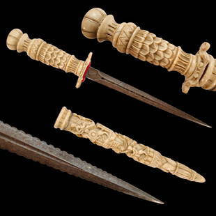 A Rare French nobleman's dagger, hilt and scabbard carved from bone, 19th century.: A Rare French nobleman's dagger, hilt and scabbard carved from bone, 19th century. Straight, steel double-edged blade, with fuller and perforation in the middle. The handle, guard and scabbard are car