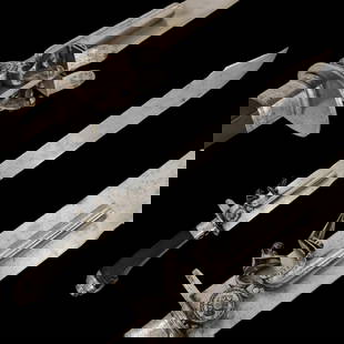 Rare combination weapon, short Hunting Sword with Double Barrel Flintlock Pistol, Italy 17th C.: Rare combination weapon, short Hunting Sword with Double Barrel Flintlock Pistol, Italy 17th C. Straight steel blade without fullers. On both sides of the blade there are two barrels with flintlocks.