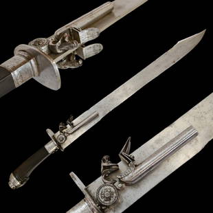 Rare combination weapon, short Hunting Sword with Double Barrel Flintlock Pistol, Italy 17th C.: Rare combination weapon, short Hunting Sword with Double Barrel Flintlock Pistol, Italy 17th C. Straight steel blade without fullers. On both sides of the blade there are two barrels with flintlocks.