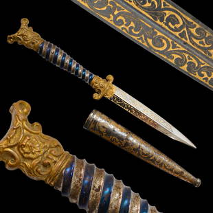 Ornate "Dague De Vertue", "Dague de "Pute", Women's self-defense dagger, France, mid-19th C.: Ornate "Dague De Vertue", "Dague de "Pute", Women's self-defense dagger, France, mid-19th C. Very high quality and richly decorated dagger. The straight steel blade is decorated with etching and gildi