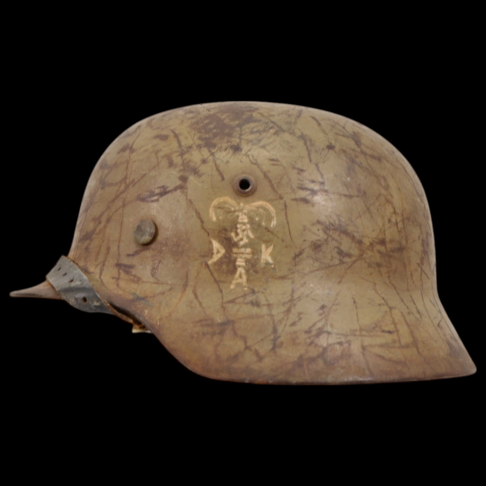 Rare WWII Nazi German DAK, Deutsche Afrika Korps, M35 Helmet, with liner and chin strap.: Rare WWII Nazi German DAK, Deutsche Afrika Korps, M35 Helmet, with liner and chin strap. The emblems DAK on the left side of the helmet. The helmet has a matt tropical paint finish to the exterior of 