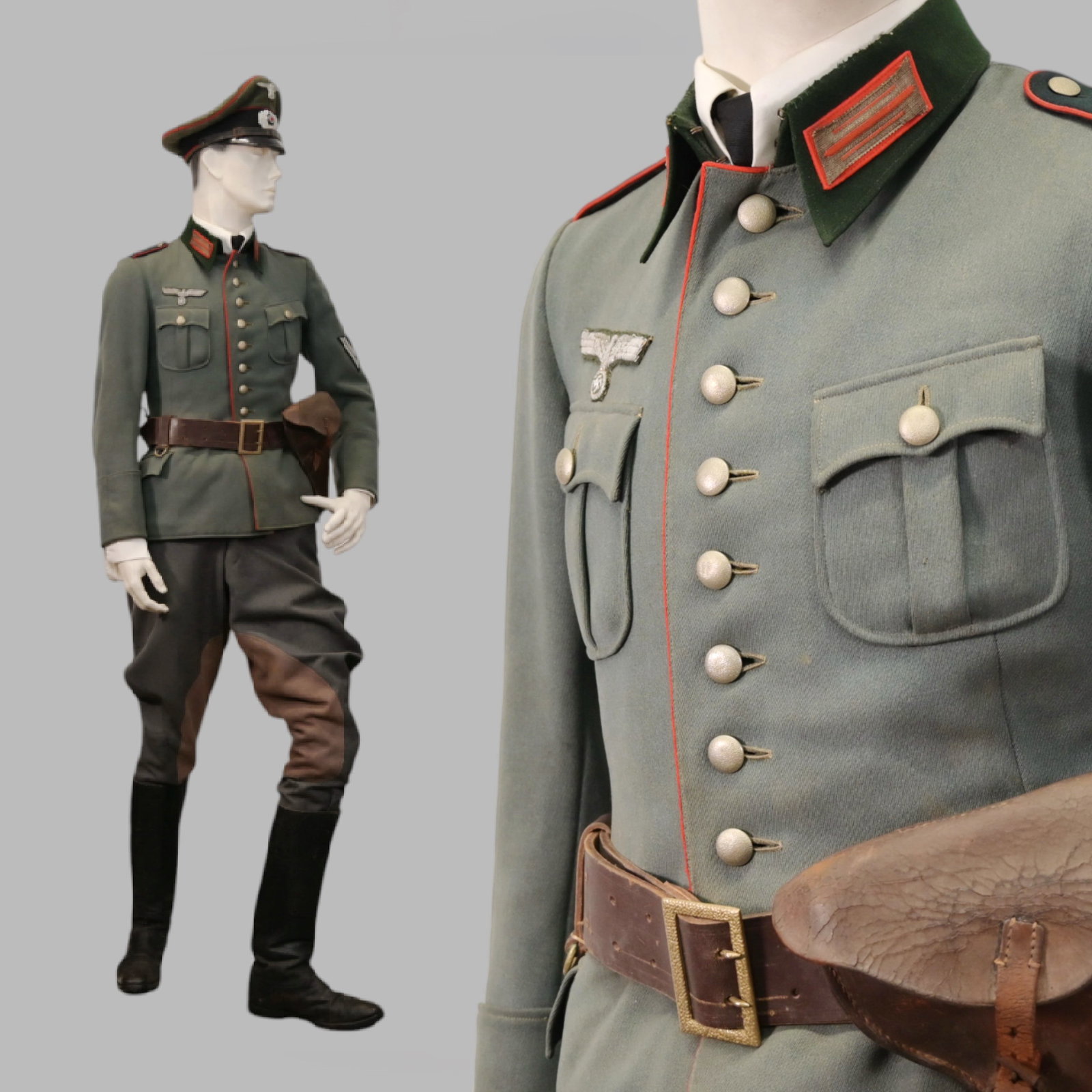 World War II German Wehrmacht Artillery Non-Commissioned Officer's (NCO) Uniform Set.: World War II German Wehrmacht Artillery Non-Commissioned Officer's (NCO) Uniform Set. This historically significant collection includes the field-gray wool tunic, trousers, shirt, tie, belt, boots and