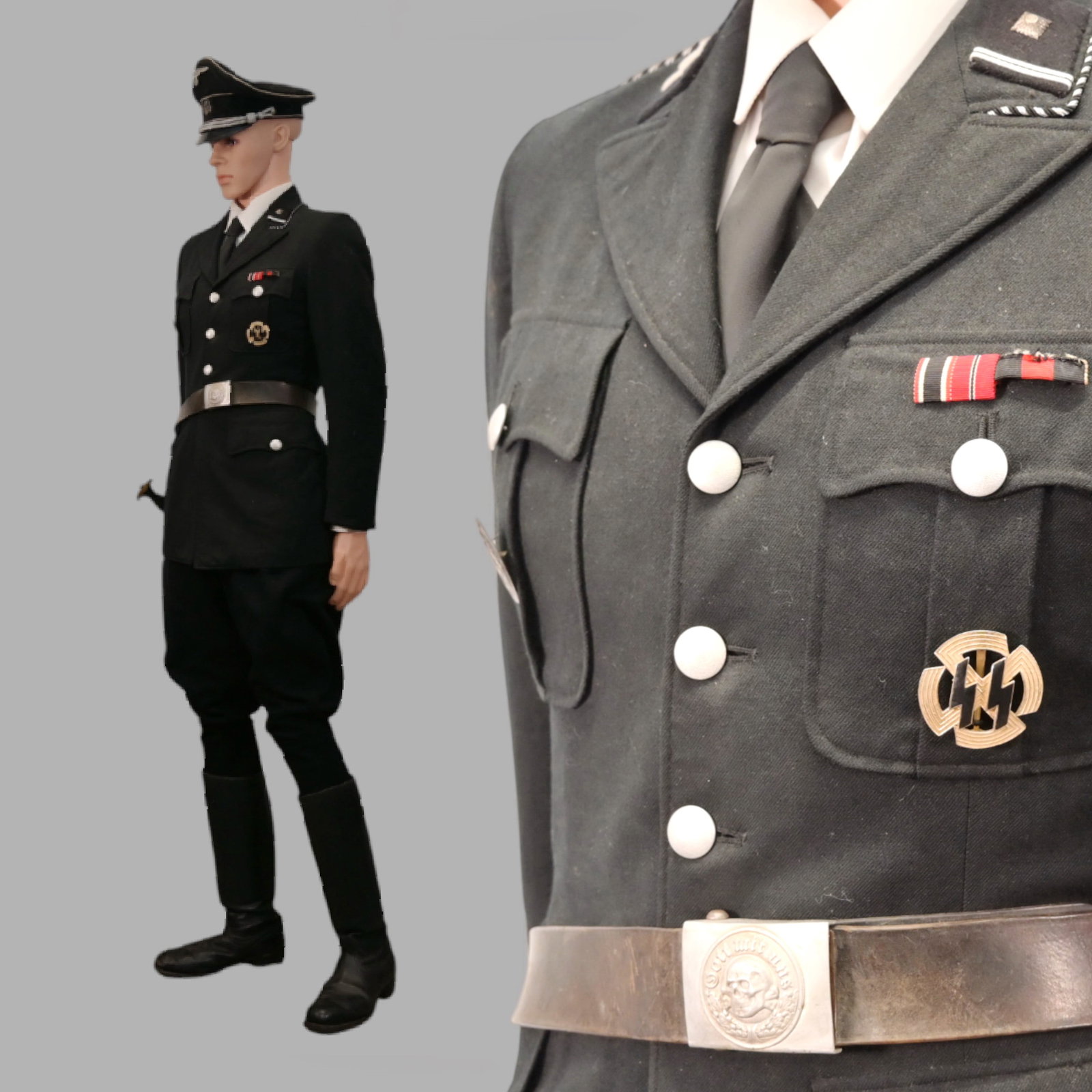 Extra rare WWII Nazi German Allgemeine SS Officer's Uniform 30s 20th century.: Extra rare WWII Nazi German Allgemeine SS Officer's Uniform 30s 20th century. This historically significant set includes the black wool tunic, trousers, shirt, tie, visor cap and boots, that were stan