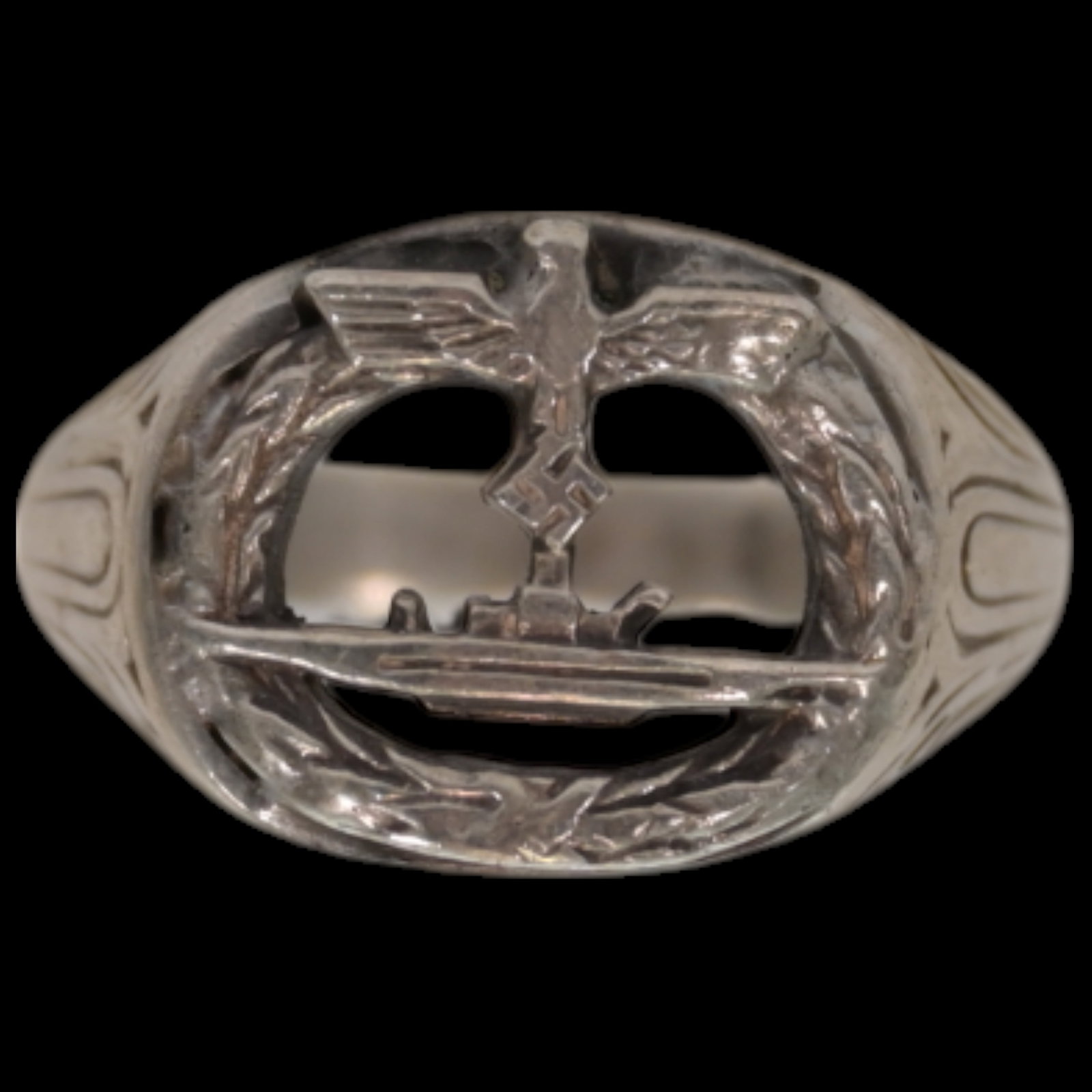 WWII Nazi German Kriegsmarine U-boat Silver Ring.: WWII Nazi German Kriegsmarine U-boat Silver Ring. This ring features a miniature U-Boat motif on the front and is made of silver. Good condition.