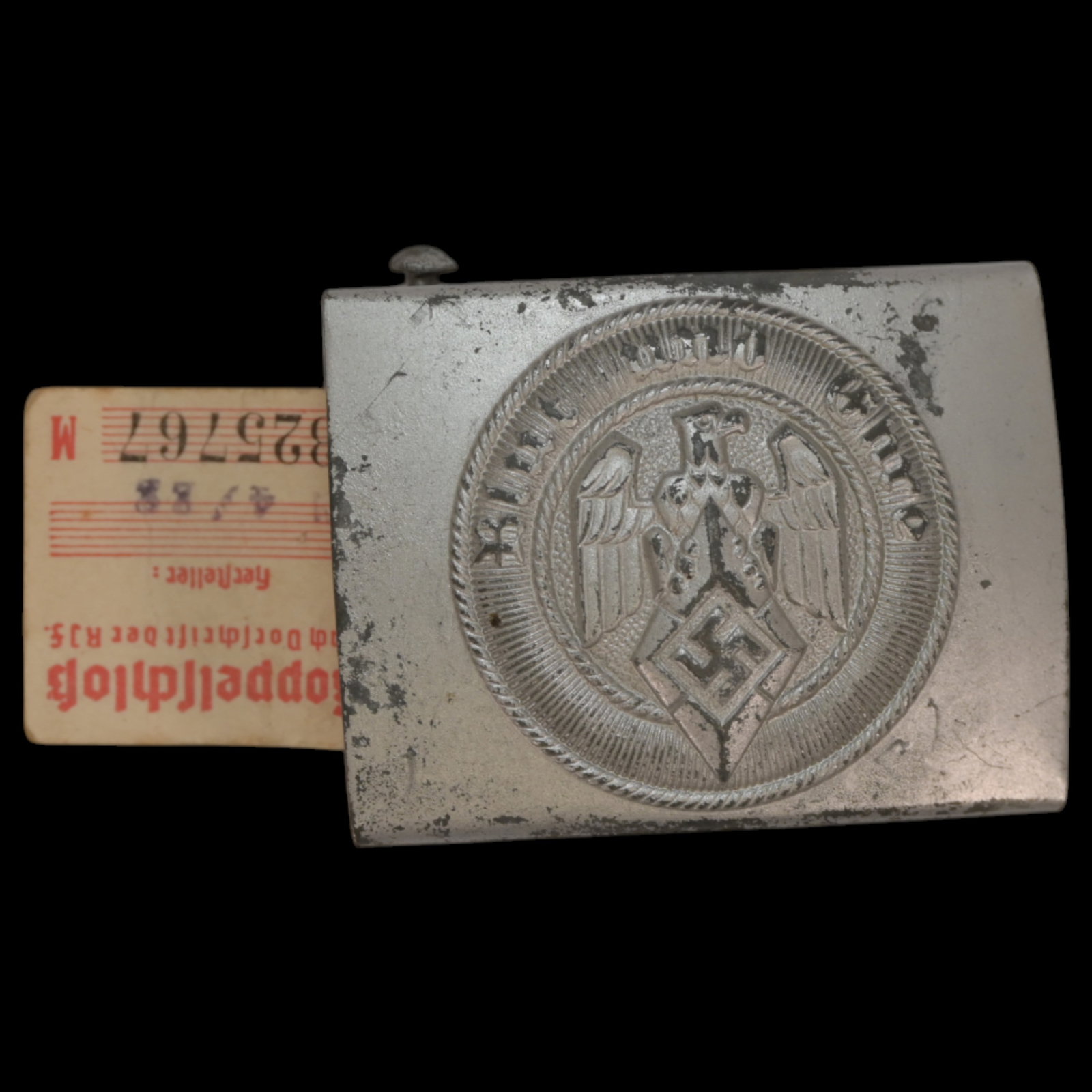Original WWII Nazi German Hitler Youth Belt Buckle with paper tag.: Original WWII Nazi German Hitler Youth Belt Buckle with paper tag. Original Hitler Youth (Hitlerjungend) Belt Buckle, that was introduced in 1936. It is constructed out of a die-stamped, metal box buc