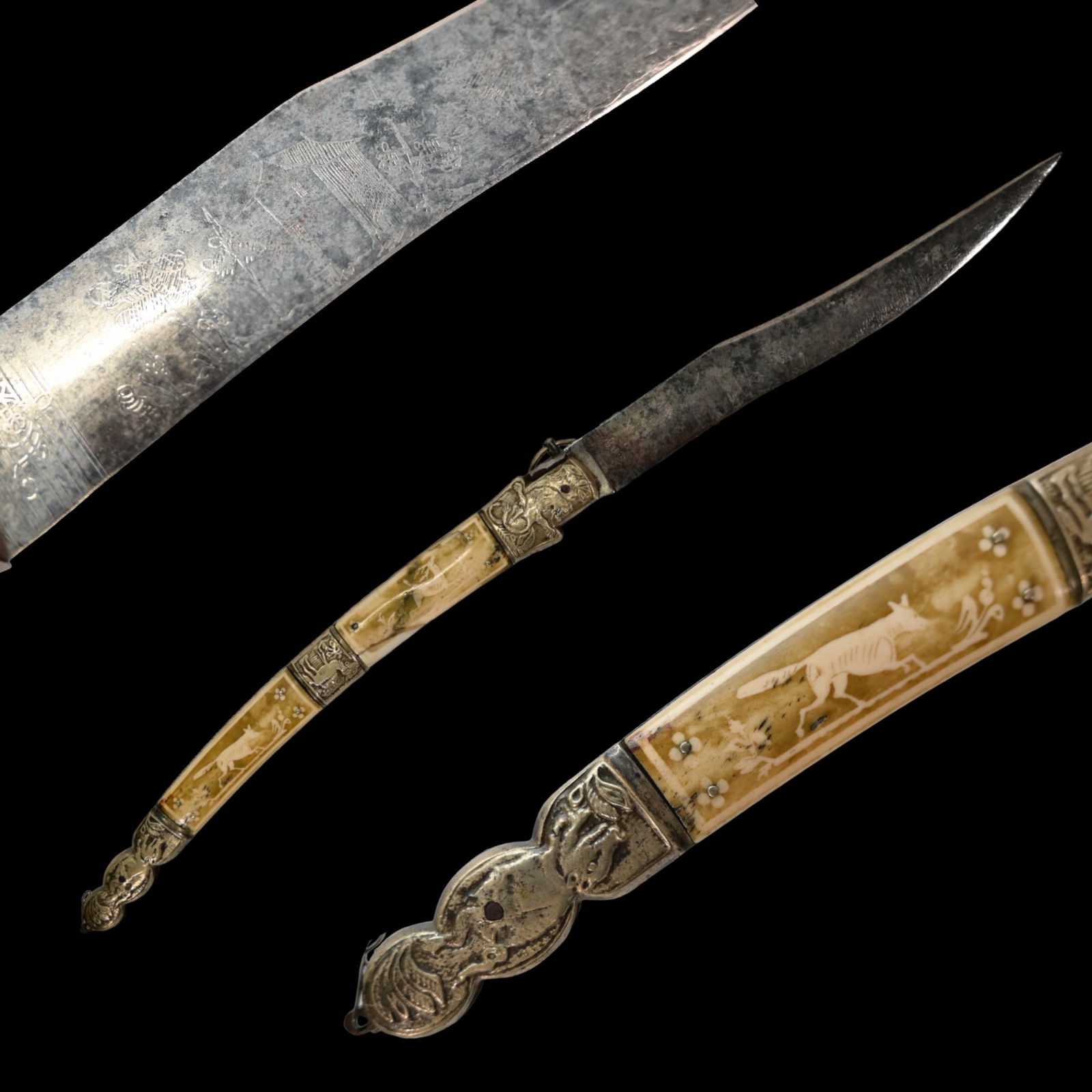 A large Spanish navaja, circa 1900. The steel blade is decorated with etching.: A large Spanish navaja, circa 1900. The steel blade is decorated with etching. The bone plates on the handle are decorated with engraving, the silver plates are decorated with chasing. Beautiful Navaj