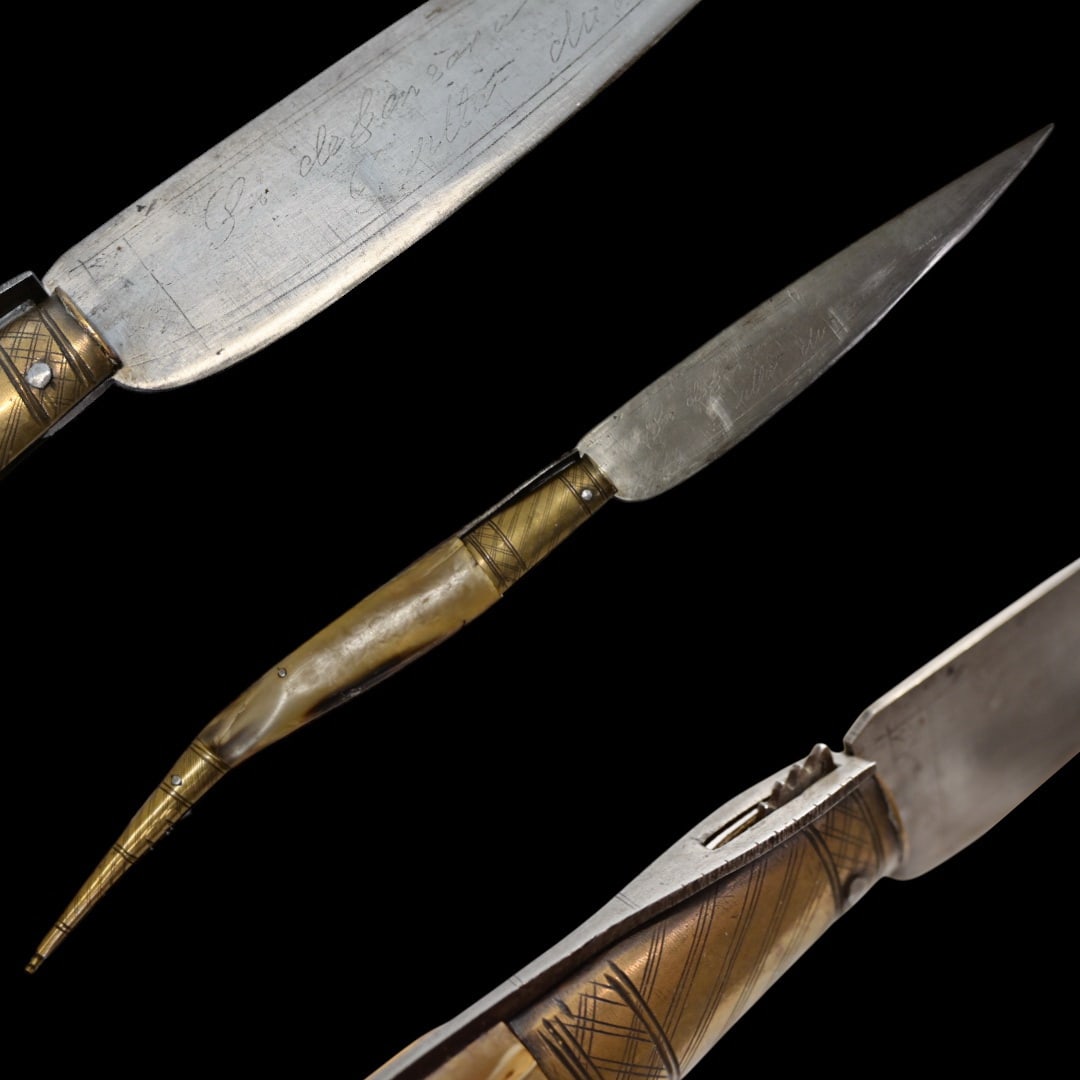 A high quality large Spanish navaja, early 20th century.: A high quality large Spanish navaja, early 20th century. The steel blade with engraved inscriptions and decor. The horn hilt is in good condition. Beautiful Navaja of high quality. Good condition. Len