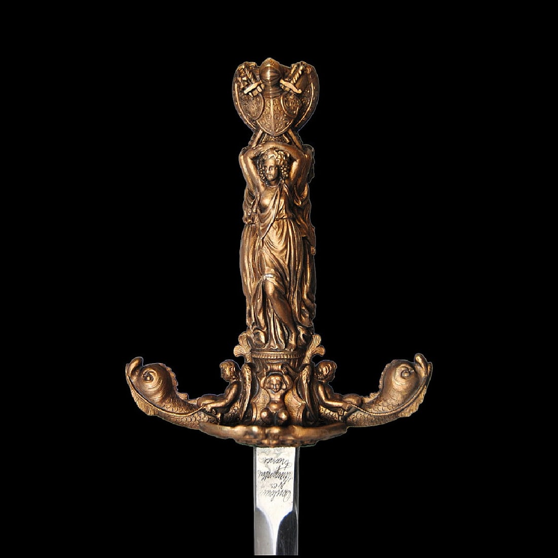 Unique authoring sword - the Three Graces. France 19th century.: Unique French authoring sword. The handle is made in the form of female figures depicting the Three Graces. Graces - (Gratiae) - Roman, now the common name is Greek. goddesses Harit (carite), with the