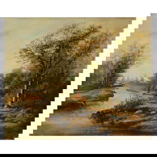 Pair of paintings signed GEORGES, "River with the fisherman" and "River with the farmer", 19th C.: Pair of paintings signed GEORGES, "River with the fisherman" and "River with the farmer", oil on canvas, 19th century. Possibly Jean Philippe George-Julliard (1818 – 1888) or Henri Philippe