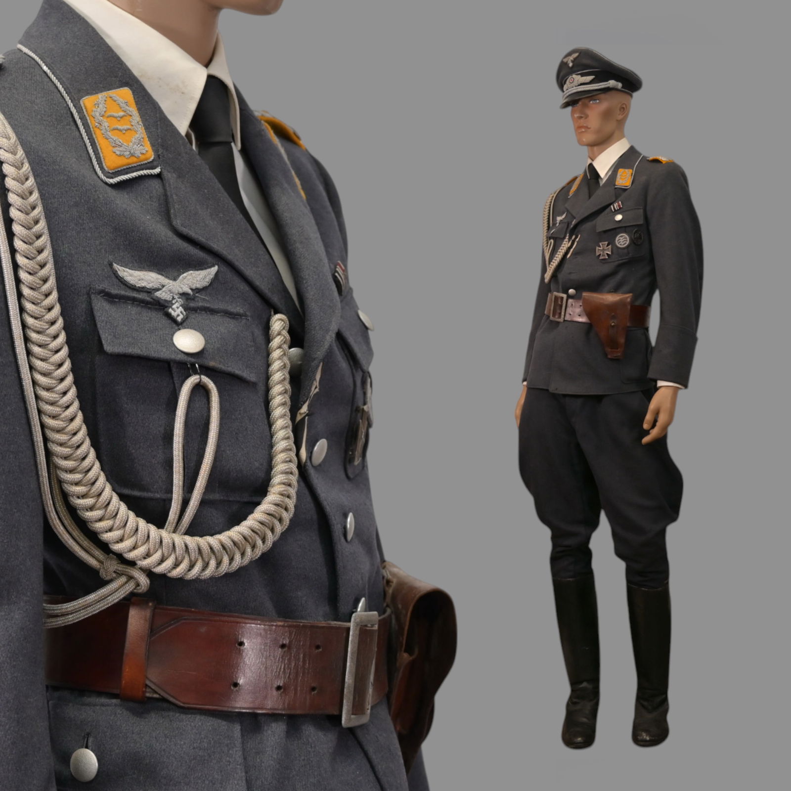 Rare WWII Nazi German Luftwaffe Complete Set of Original Officer's Uniform with Boots and Cap.: Extra Rare WWII Nazi German Luftwaffe Complete Set of Original Officer's Uniform with Boots and Cap. This exceptional lot offers a complete World War II German Luftwaffe officer's uniform, encompassin