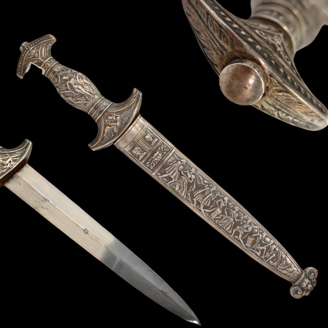 Magnificent Swiss 16th C. Style "Holbein" Dagger, 19th C.: Magnificent Swiss 16th C. Style "Holbein" Dagger, 19th C. A broad double-edged blade of flattened-diamond section. The hilt, grip, and pommel are cast and chased in one piece with the cross guard and 