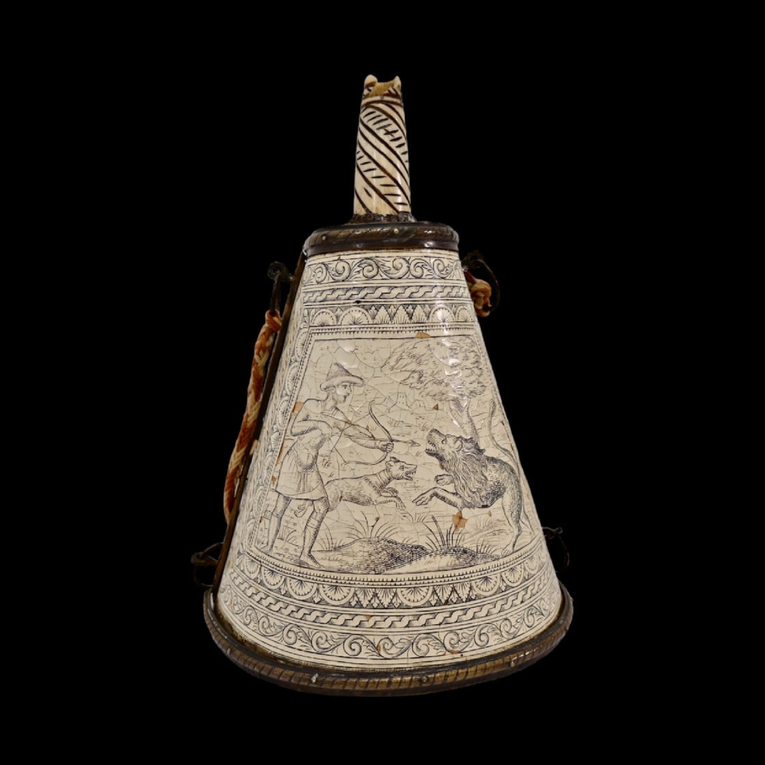 Big enamelled powder flask. Germany. 17th century.: Big enamelled powder flask. Germany. 17th century. Made of wood and coated with brass and enamel. The enamel depicts hunting scenes. Big size.