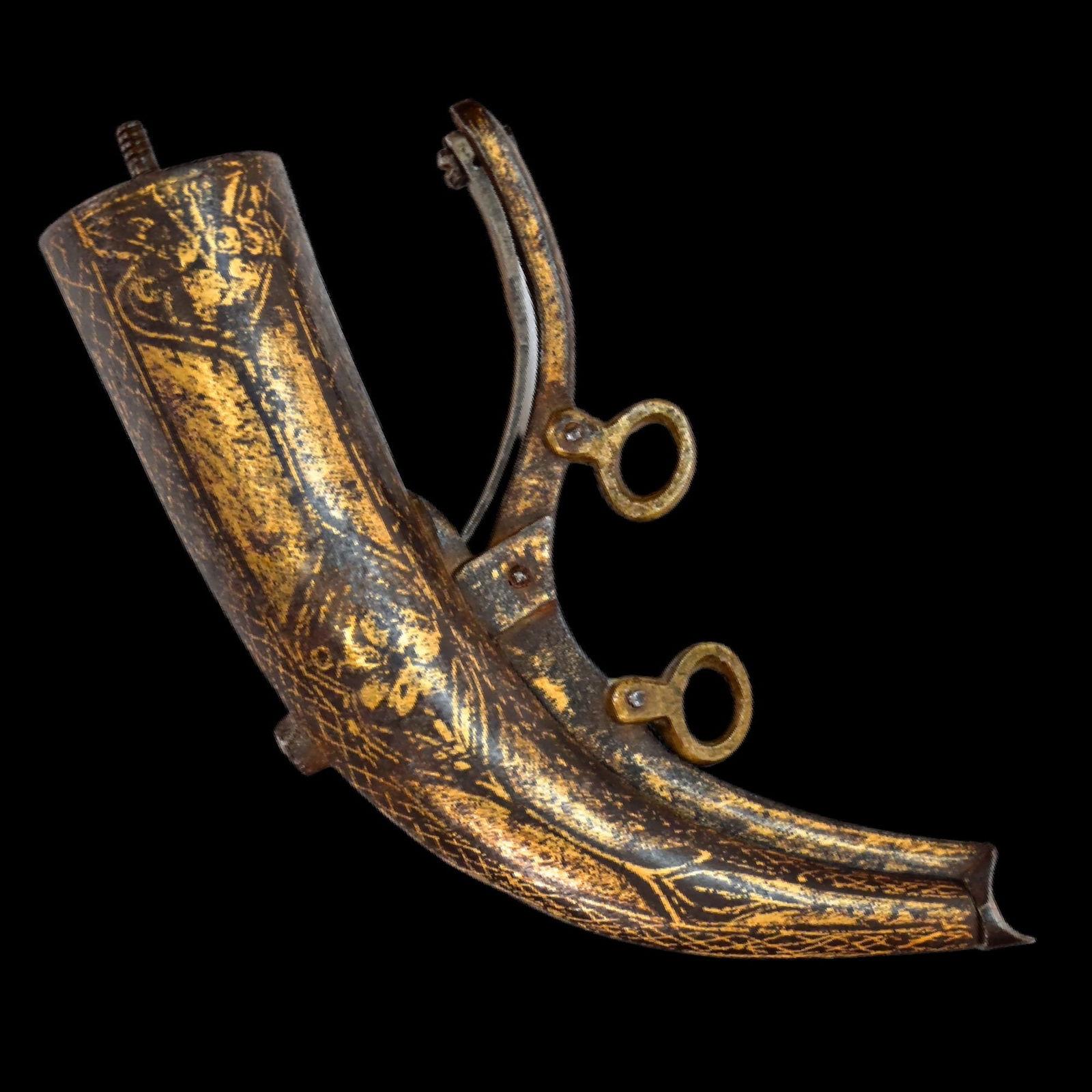 19th Persian powder flask.: Persian powder flask. Steel with gold inlay. End of 18 - begin of 19th century.