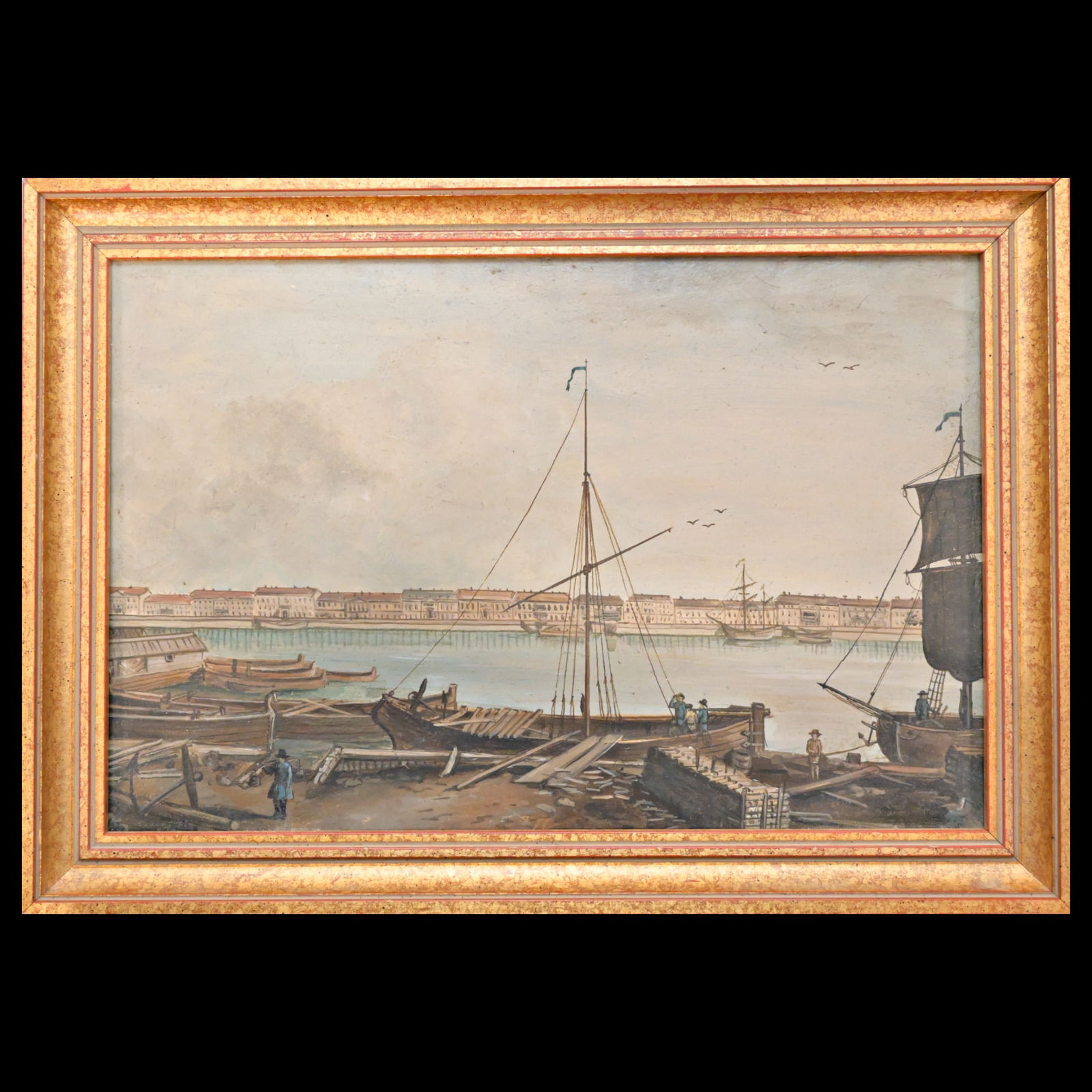 Sails on the Neva – oil on cardboard, Russian, 19th-20th Century.: Sails on the Neva – oil on cardboard, Russian, 19th-20th Century. A fine oil painting titled "Sails on the Neva," depicting a panoramic view of the bustling English Embankment in Saint Petersburg as