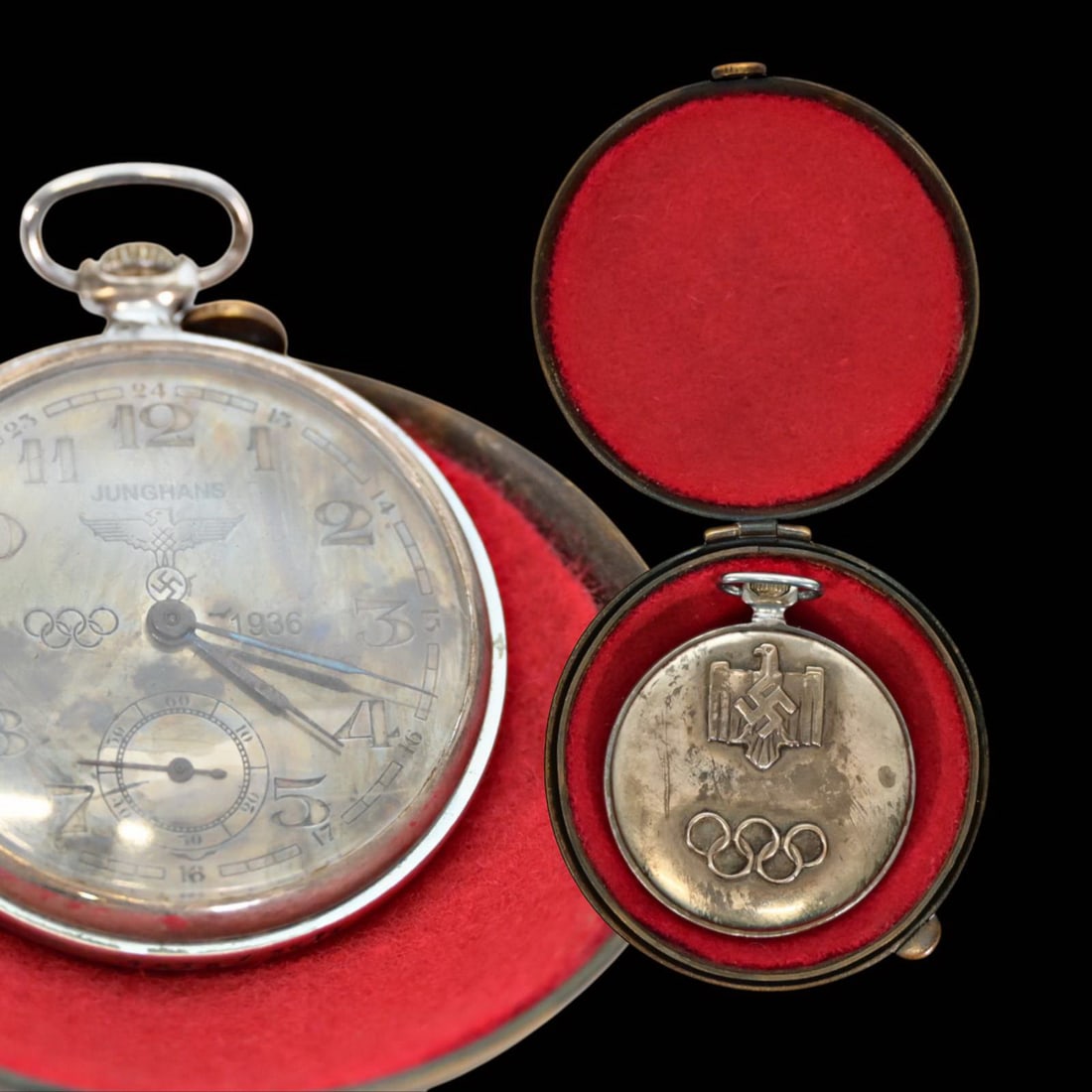 Commemorative pocket watch, Berlin 1936 Olympic Games, by Junghans, Nazi Germany, Third Reich.: Commemorative pocket watch, Berlin 1936 Olympic Games, by Junghans, Nazi Germany, Third Reich. A rare and historically significant commemorative pocket watch issued in connection with the 1936 Berlin 
