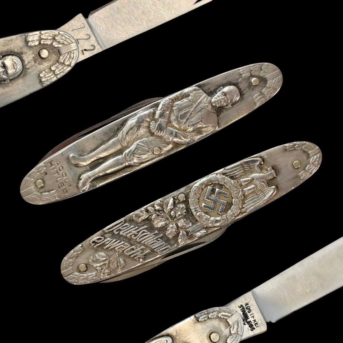 Folding Knife with Political Iconography, Germany, Marked "Solingen 1932??.: Folding Knife with Political Iconography, Germany, Marked "Solingen 1932”. A historically significant folding knife produced in Solingen, Germany, around 1932, featuring detailed relief decorati