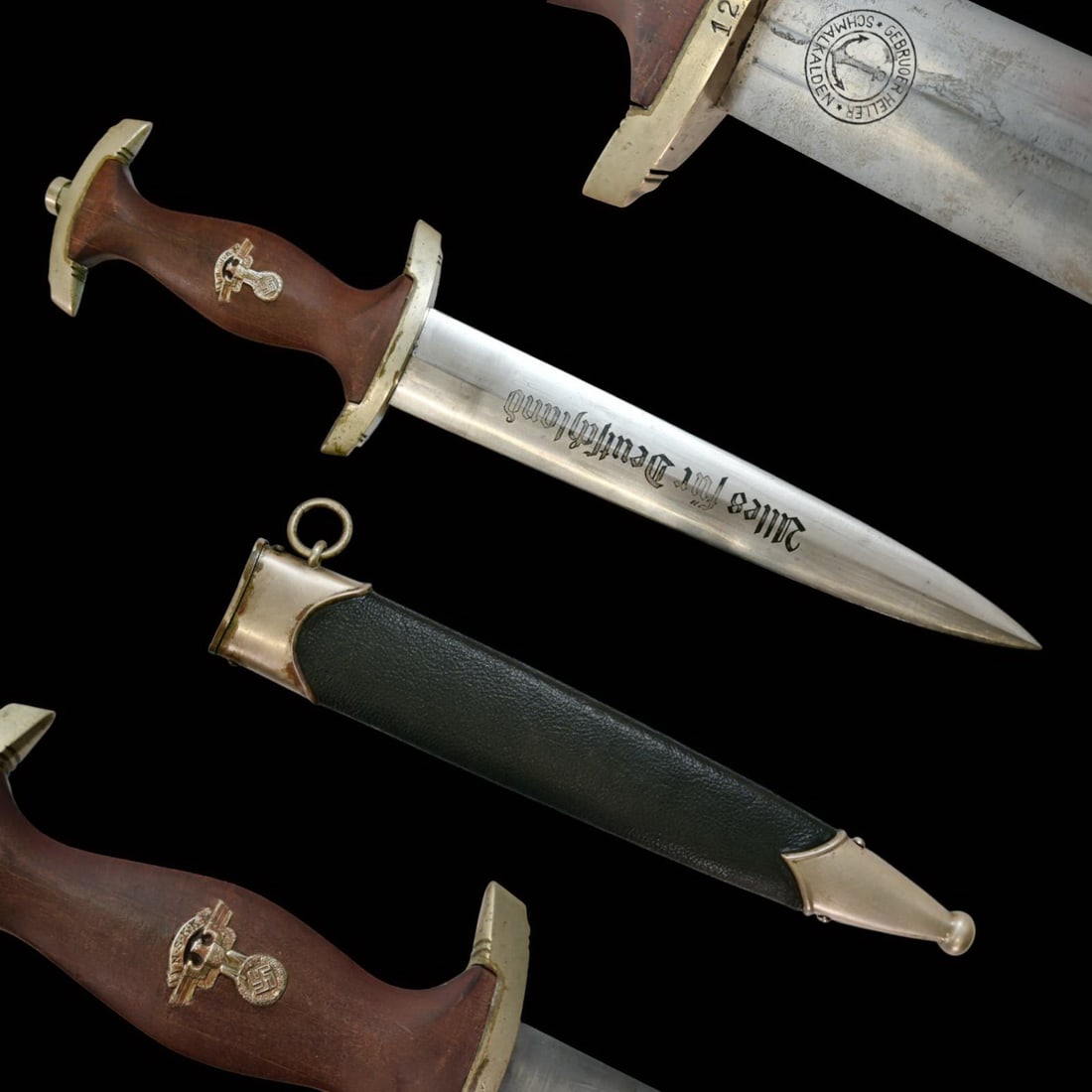 Third Reich, NSKK Dagger, Gebruder Heller Schmalkalden, German.: Third Reich NSKK Dagger, Gebruder Heller Schmalkalden, German. A NSKK dagger, featuring the maker’s mark Gebruder Heller, Schmalkalden on the reverse of the blade. The double-edged steel blade bears