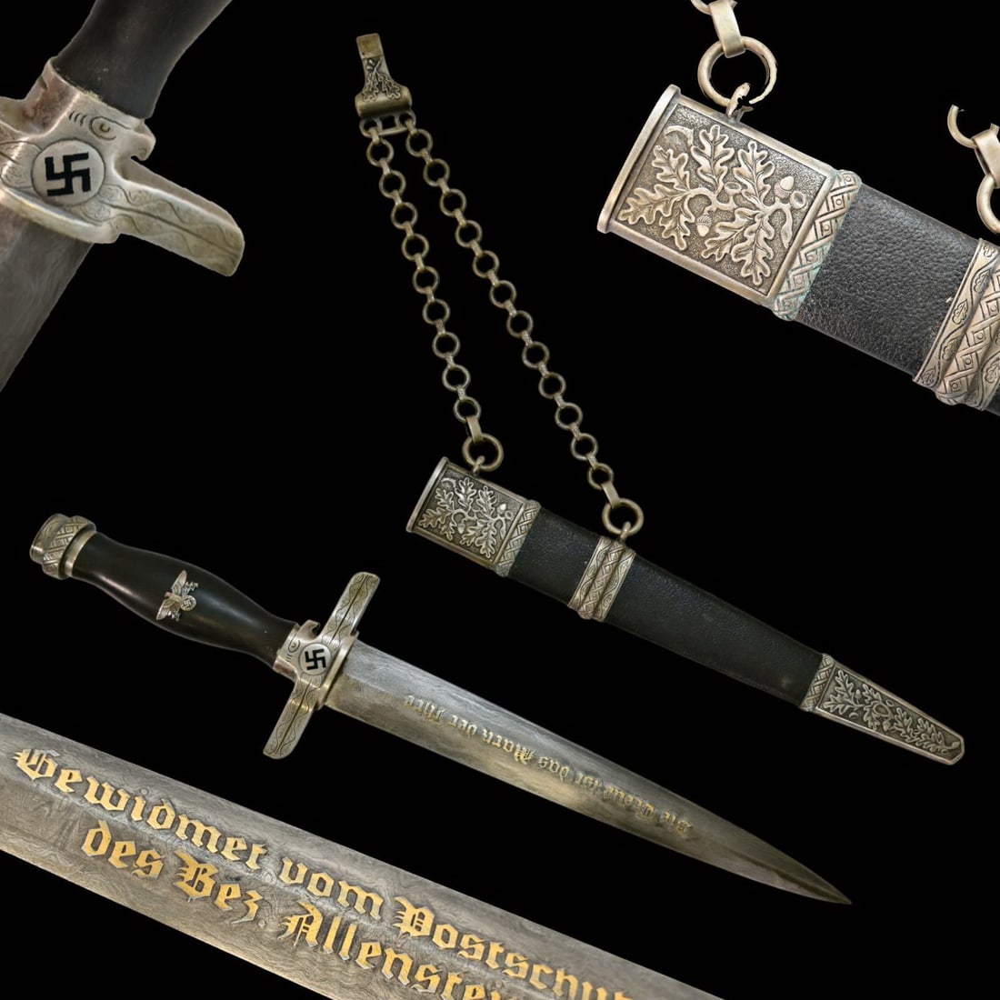 Third Reich Postschutz Officer's Award Dagger, model 1939.: Third Reich Postschutz Officer's Award Dagger, model 1939. The Damascus blade is decorated with a gold inscription on both sides «Gewidmet vom Postschutz des Bez. Menstrein» and «Die Treue ist das