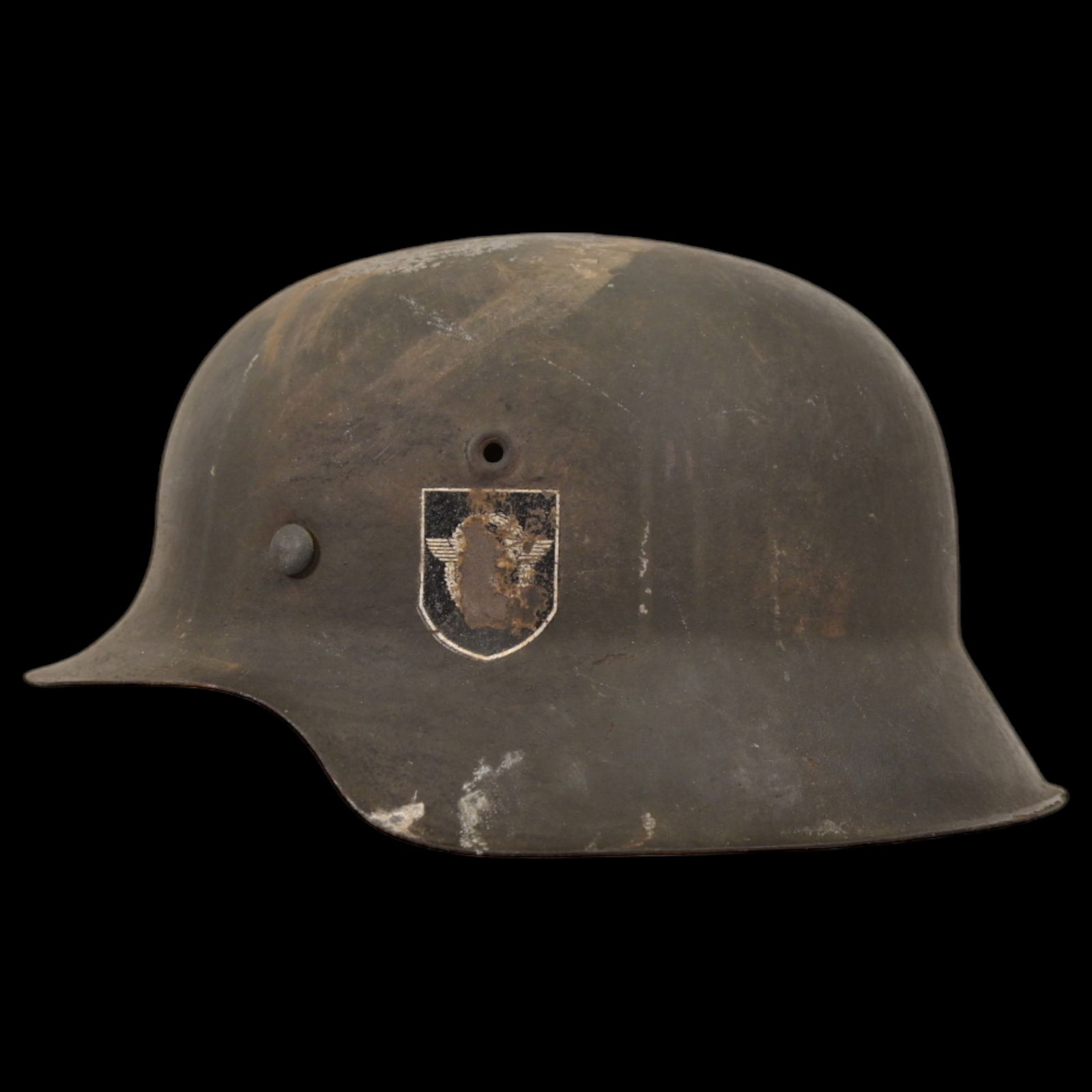 WWII Nazi German Waffen-SS Police Division M42 Helmet.: WWII Nazi German Waffen-SS Police Division M42 Helmet. On one side the poorly preserved police eagle decal on the left side and the National Socialist Party decal on the right are missing. Leather lin