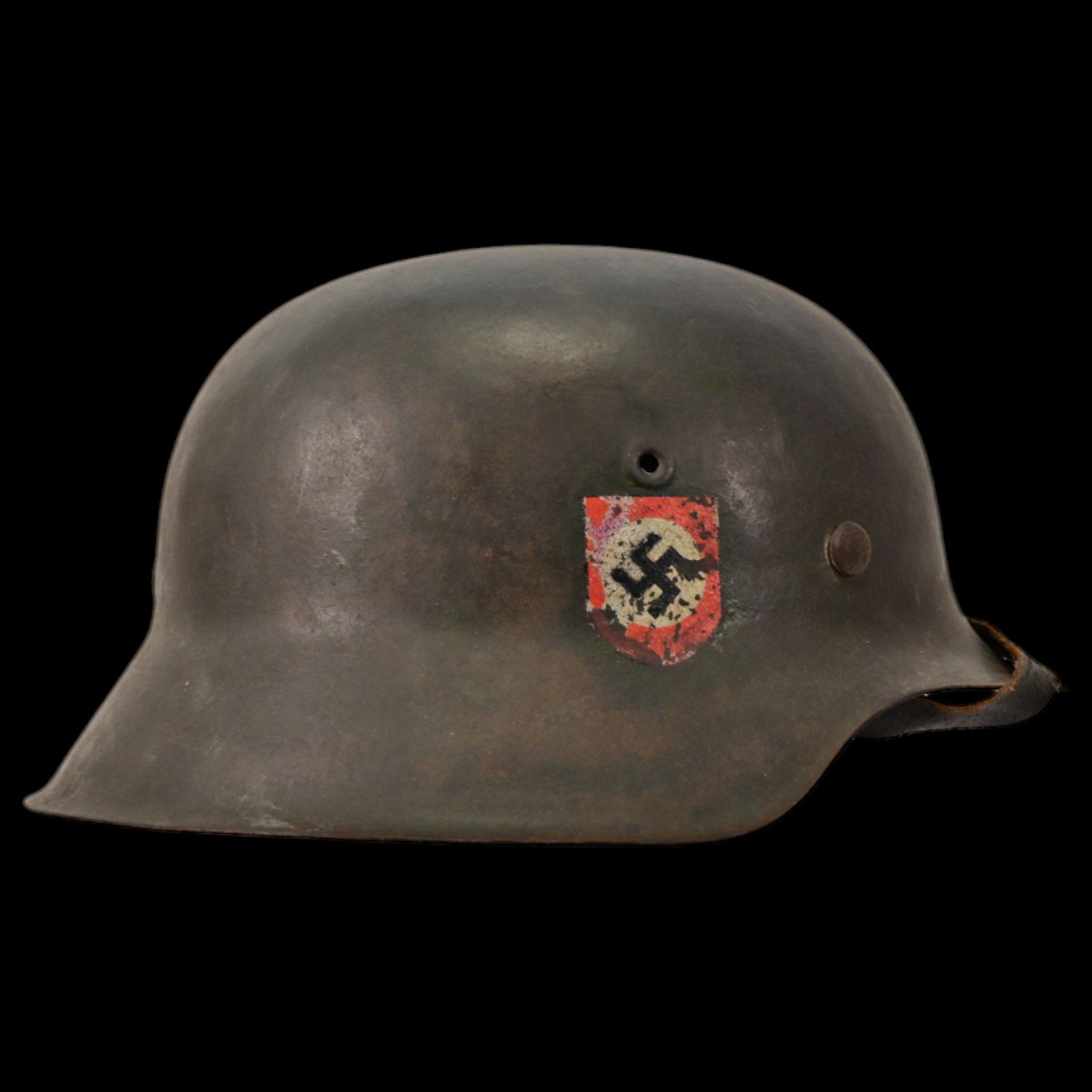 WWII Nazi German M42 SS Combat Helmet with SS emblems on the sides, liner and chin strap.: WWII Nazi German M42 SS Combat Helmet with SS emblems on the sides, liner and chin strap. The helmet shows signs of wear and has a well-preserved, original SS decals. The rear inner skirt is stamped. 