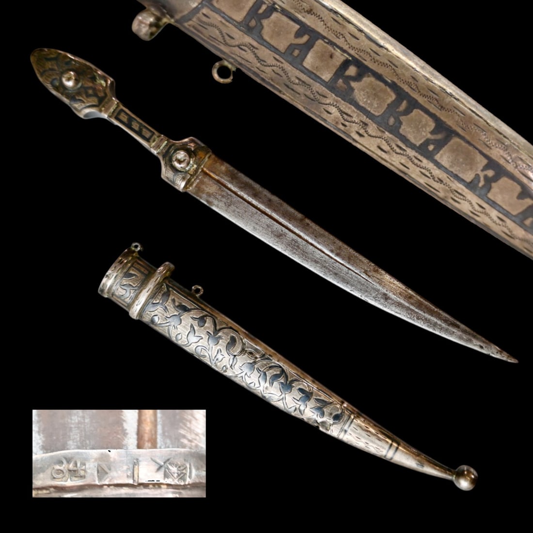 Caucasian Dagger with Curved Blade, Russian Empire, circa 1900.: Caucasian Dagger with Curved Blade, Russian Empire, circa 1900. A finely crafted small Caucasian dagger (kindjal) featuring a double-edged curved blade, housed in its original silver scabbard. Both th