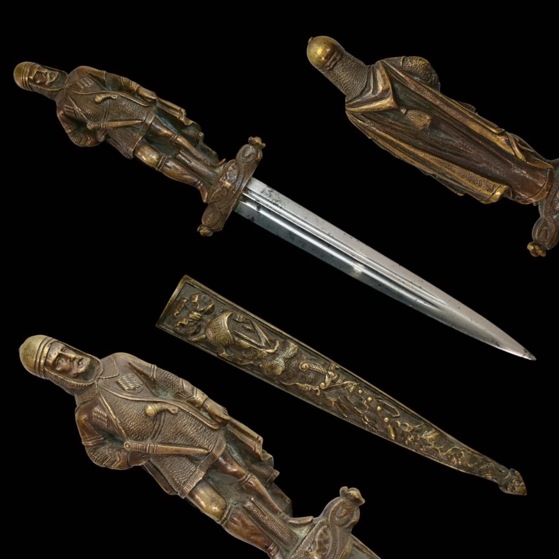 French Dagger with Bronze Figure of Caucasian Knight, 19th Century.: French Dagger with Bronze Figure of Caucasian Knight, 19th Century. An ornate French dagger from the 19th century, distinguished by its finely cast bronze hilt in the form of a knight wearing a helmet