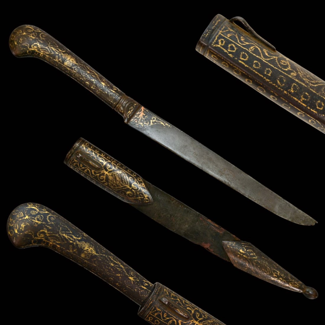 Rare Ottoman Bichaq, Knife with Gold Koftgari, circa 1800.: Rare Ottoman Bichaq, Knife with Gold Koftgari, circa 1800. A beautiful and finely decorated Ottoman knife (bichaq), dating to around 1800. The piece features a straight blade housed in its original sc