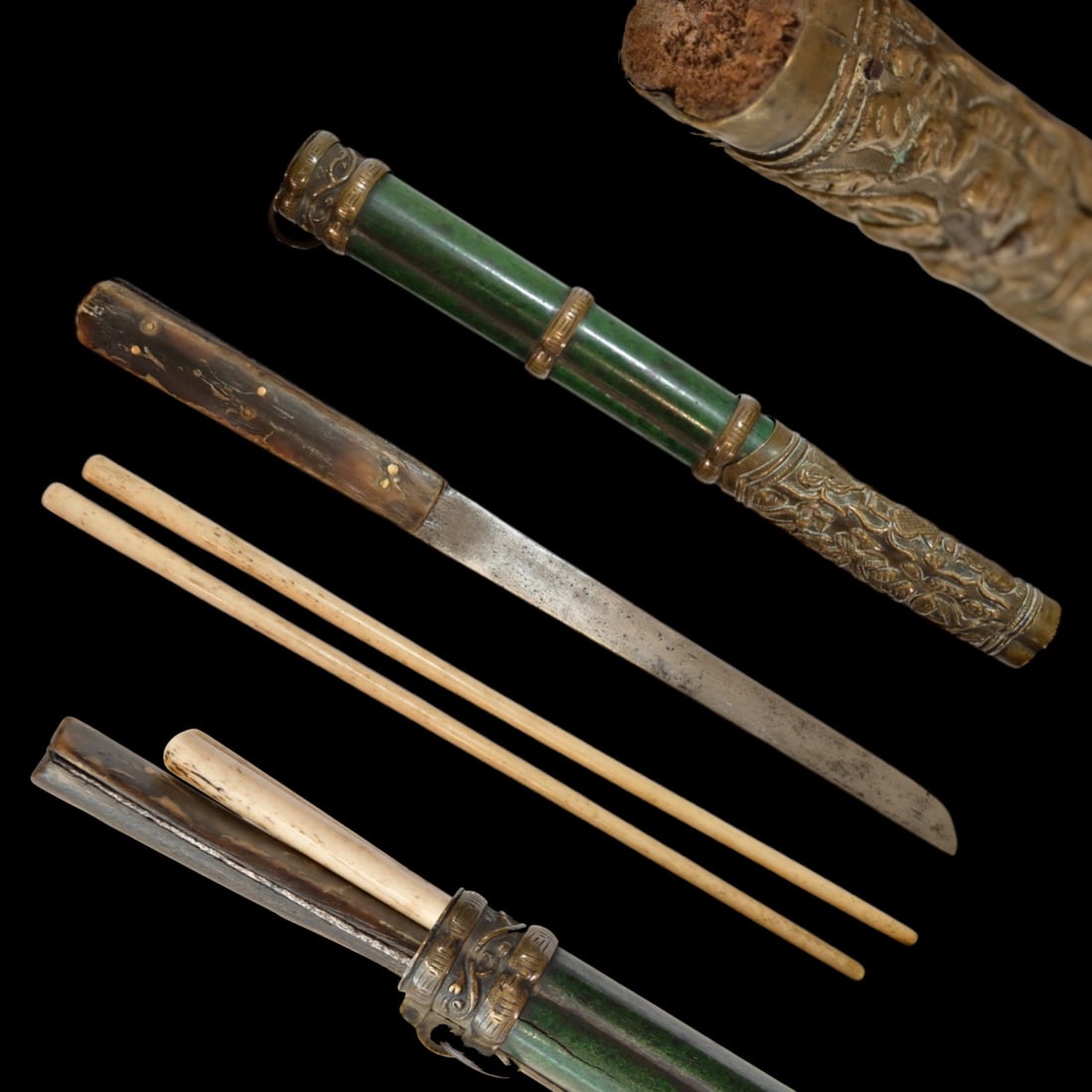 Chinese Bone Chopsticks & Steel Knife, Travel Set circa 1900.: Chinese Bone Chopsticks & Steel Knife, Travel Set circa 1900. A horny grip steel knife, leather sheath dyed green to imitate jade. The bronze fittings of the sheath are decorated with beautiful emboss