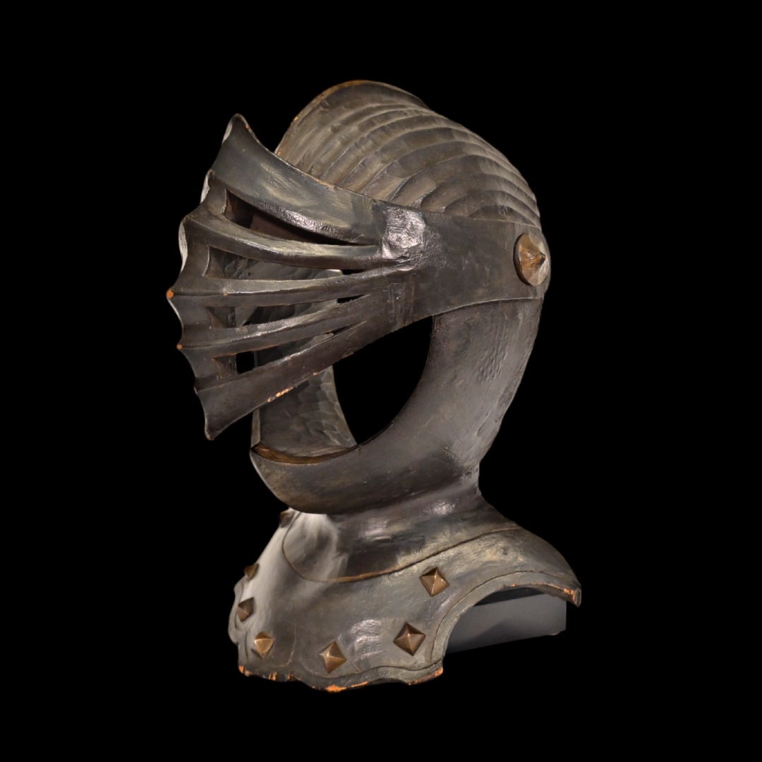 Maximilian helmet in 16th century style made of wood, part of the family coat of arms, 17-18th: Maximilian helmet in 16th century style made of wood, part of the family coat of arms, 17-18th century. An interesting item that was used to decorate walls. Made of wood painted black, Brass faceted r