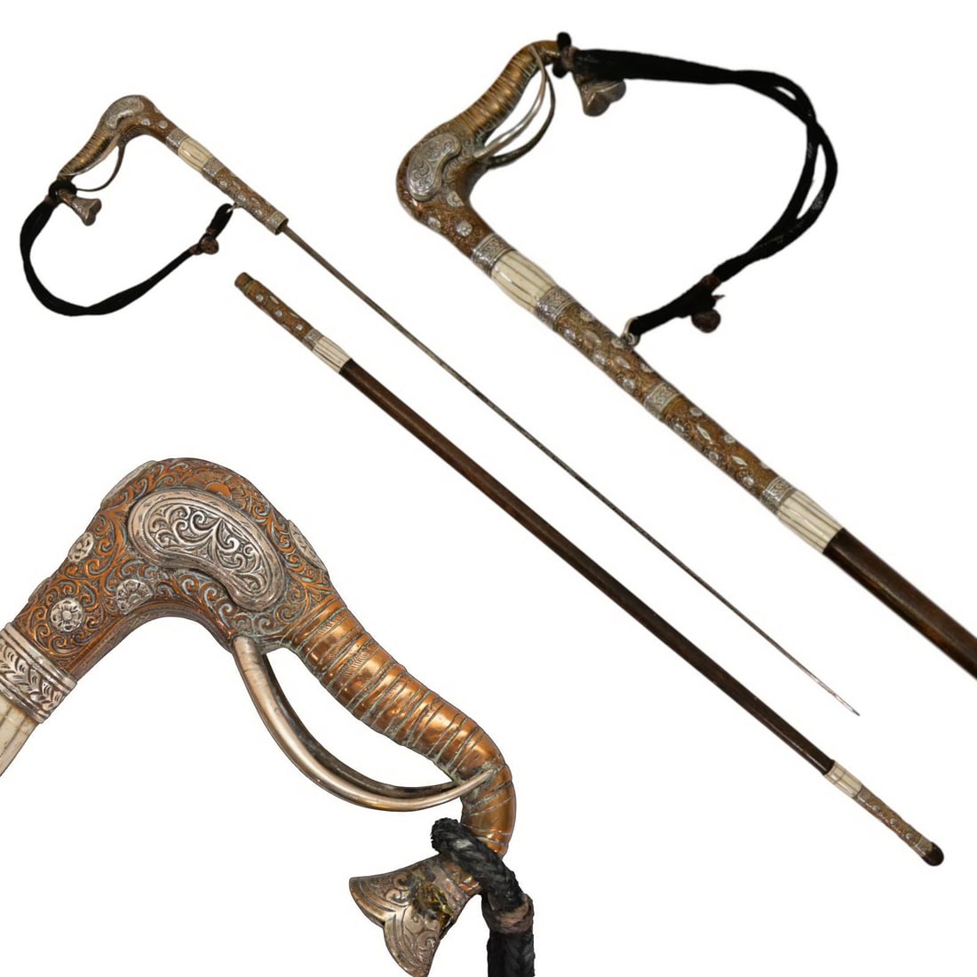 Magnificent Walking Stick - Sword with Elephant-Head Handle, India, circa 1900.: Magnificent Walking Stick-Sword with Elephant-Head Handle, India, circa 1900. An exquisite and rare Indian walking stick concealing a sword blade, dating to around 1900, with a magnificent handle in t