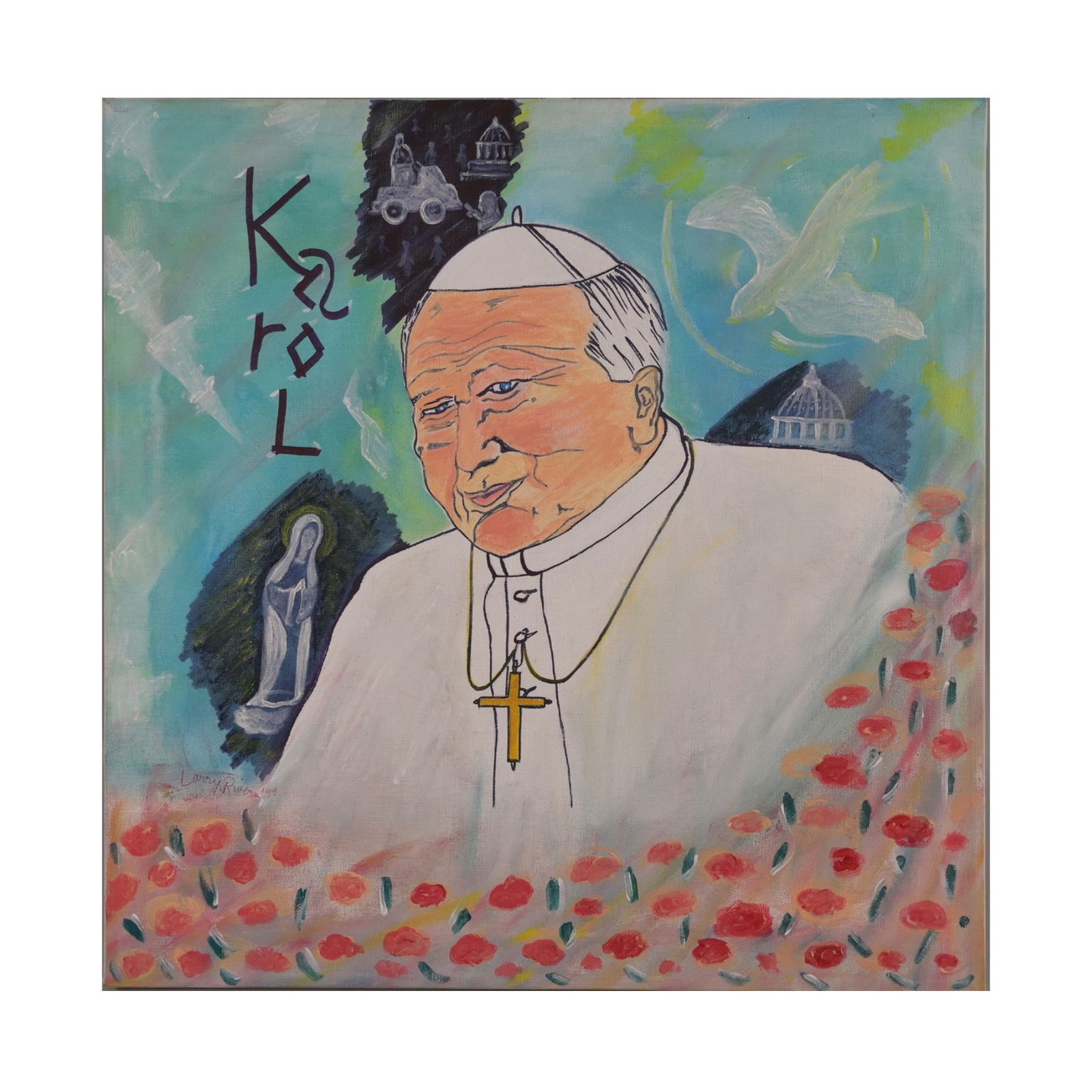 Larry Rivers (1923-2002) Painting Acrylic,canvas.: Larry Rivers (1923-2002) Painting Acrylic,canvas. 70x70cm. Signed dated "Larry Rivers "99" lower right. Artwork title "Karol". Certificat of Authenticity signed by L.Rivers. Also attached certificate