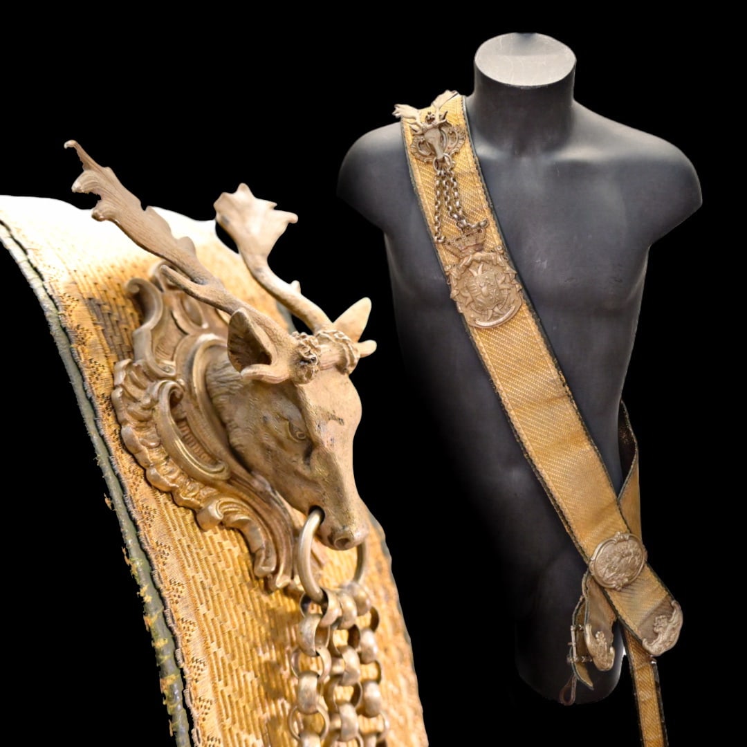 A Very Rare Luxury Hunting Belt that belonged to Ferdinand IV, Grand Duke of Tuscany.: A Very Rare Luxury Hunting Belt that belonged to Ferdinand IV, Grand Duke of Tuscany. Leather belt - baldric, richly decorated with gold braid. Exquisite overlays of gilded bronze in the form of the C