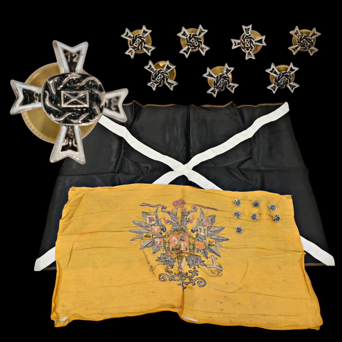Russian Banners and White Movement General Markov Regiment Badges by E. Mardini.: Imperial Russian Banners and White Movement General Markov Regiment Badges by E. Mardini. This exceptional assembly of Russian historical memorabilia comprises two significant ceremonial banners and a