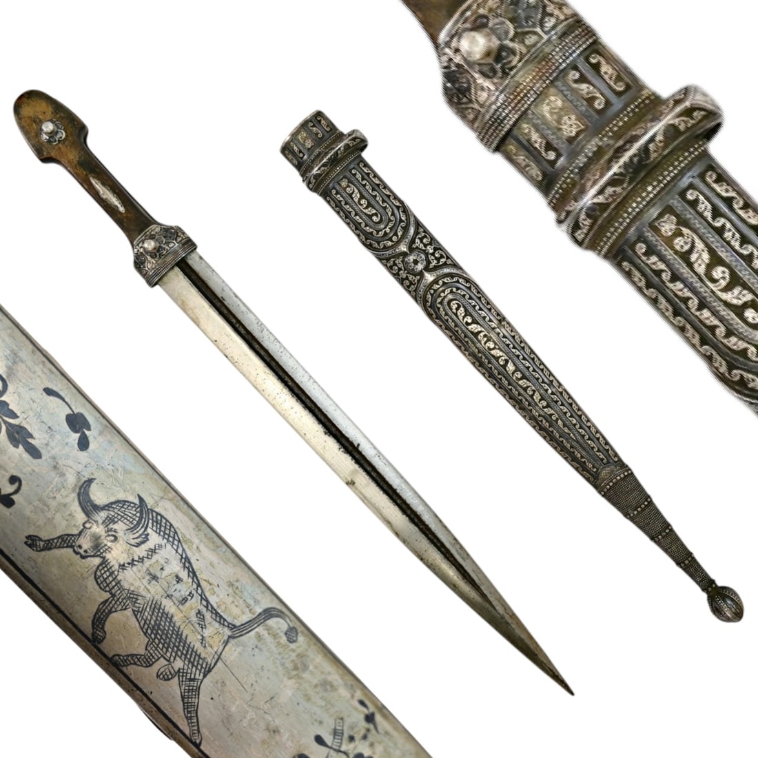 Caucasian Dagger "KAMA" with scabbard, Silver and Niello, Russian Empire, Probably Dagestan, c 1900.: A Caucasian Dagger "KAMA" with scabbard, Silver and Niello, Russian Empire, Probably Dagestan, c 1900. This prestigious Caucasian kama, likely originating from the renowned workshops of Dagestan circa