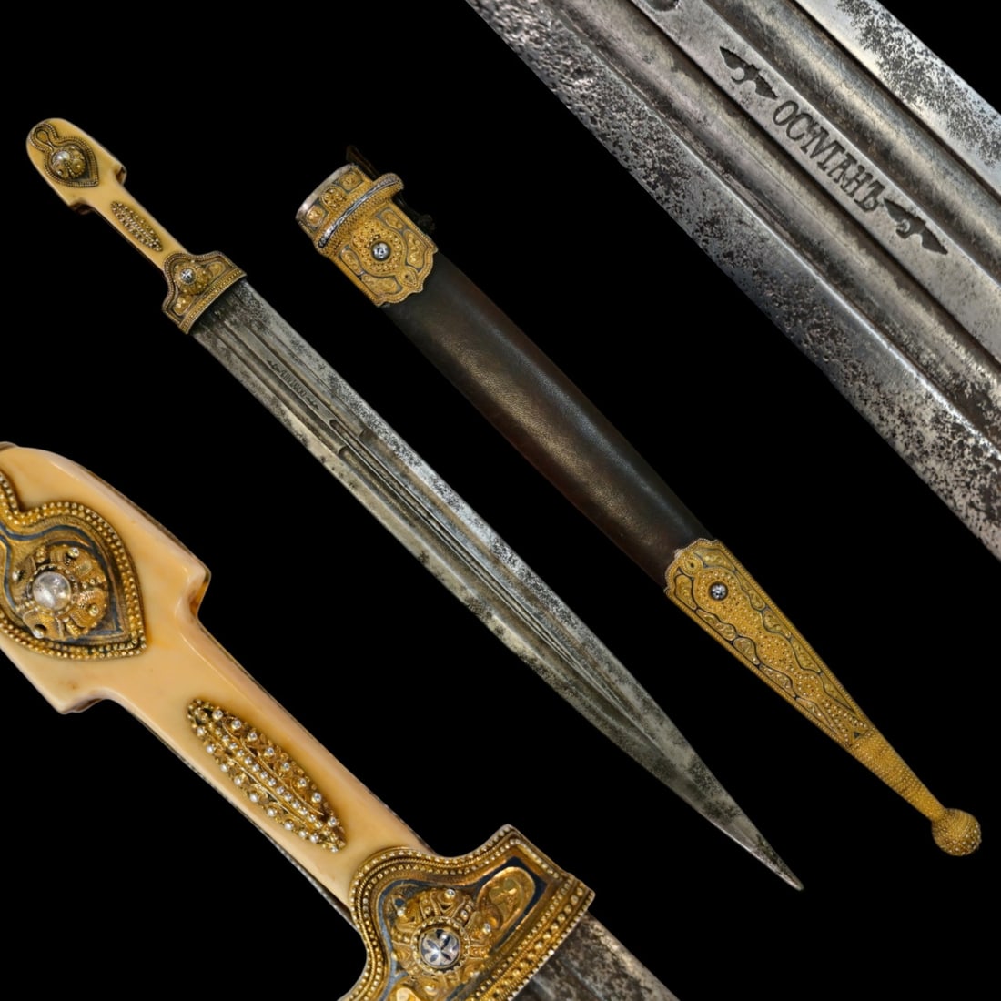 Rare richly decorated Caucasian dagger KAMA, Russian Empire, Dagestan, Osman Omarov, circa 1900. (1 of 12)
