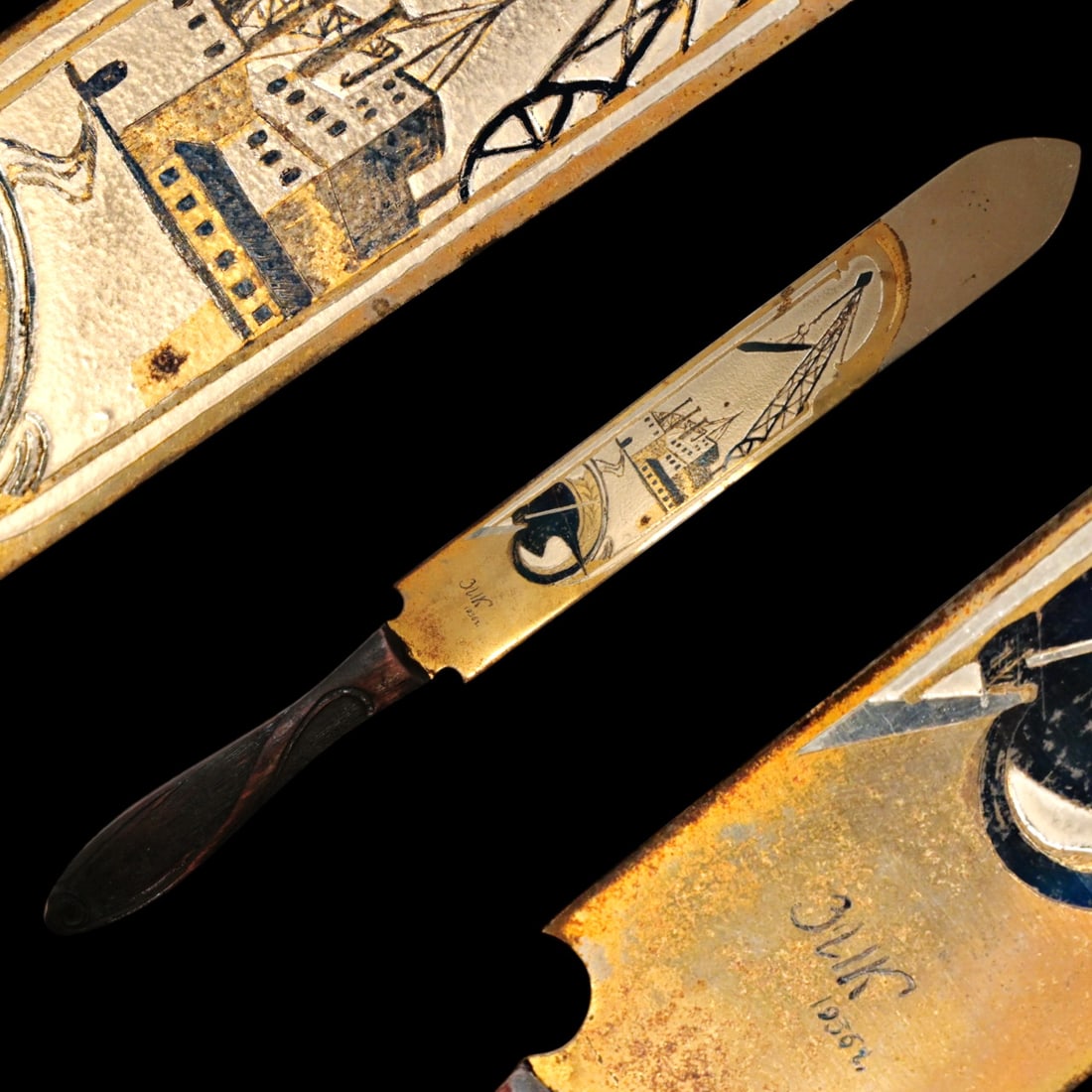 Extra Rare Presentation Paper Knife, blued and gilded, Zlatoust, Russia 1936.: Extra Rare Presentation Paper Knife, blued and gilded, Zlatoust, Russia 1936. The steel blade is decorated on both sides with quilling and decor in the traditional manner of decorating the weapons of 