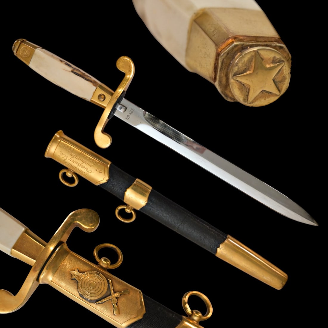 Award dirk "For excellent shooting" Soviet Union, 1977.: Award dirk "For excellent shooting" Soviet Union, 1977. Straight, double-edged, chrome-plated blade. At the base on one side is the manufacturer's mark "Bulat 1977" and on the other side is the number
