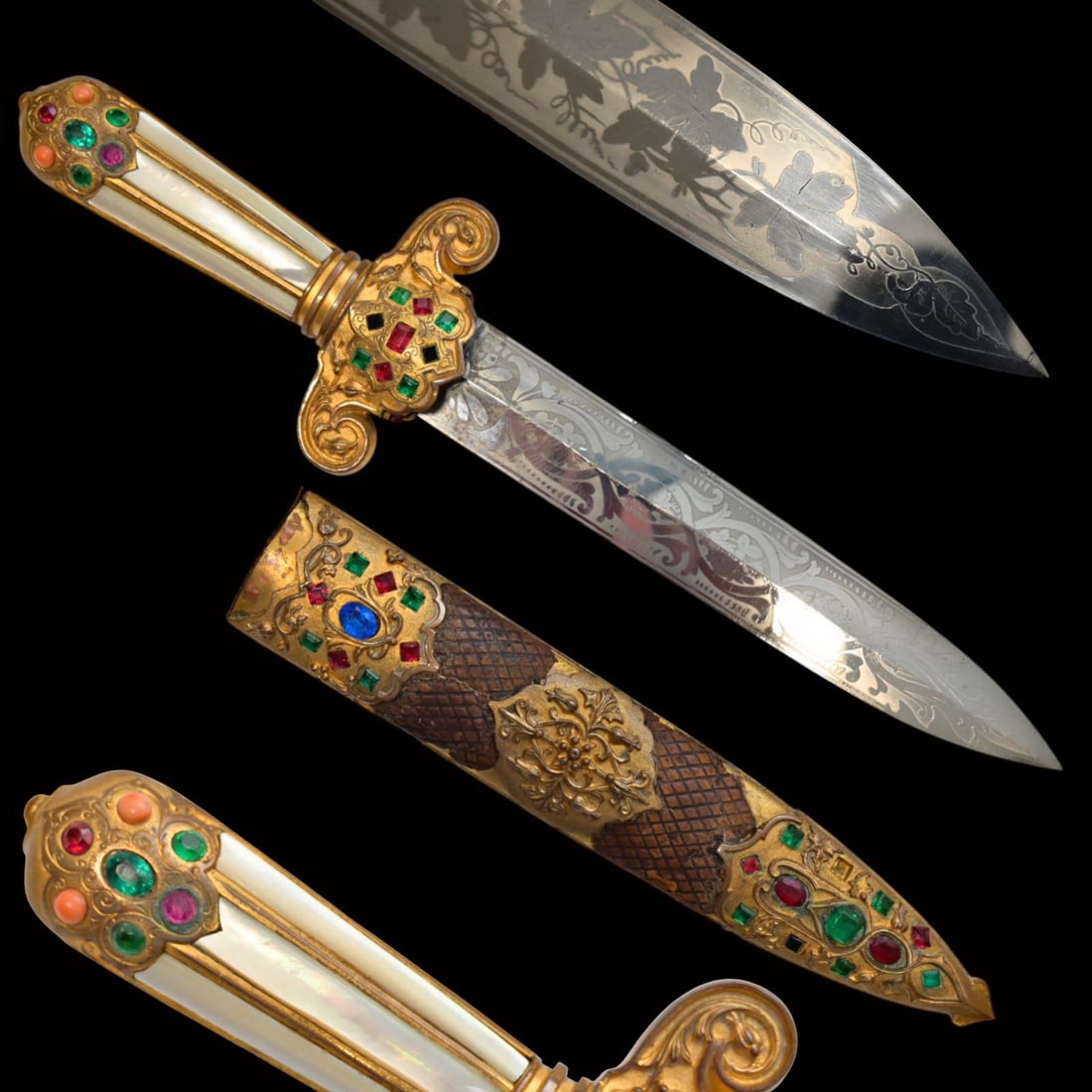 A richly decorated, large ceremonial dagger from 19th-century France.: A richly decorated, large ceremonial dagger from 19th-century France. The straight, diamond-shaped blade with a pointed tip is decorated with a floral pattern created using the etching technique. The 