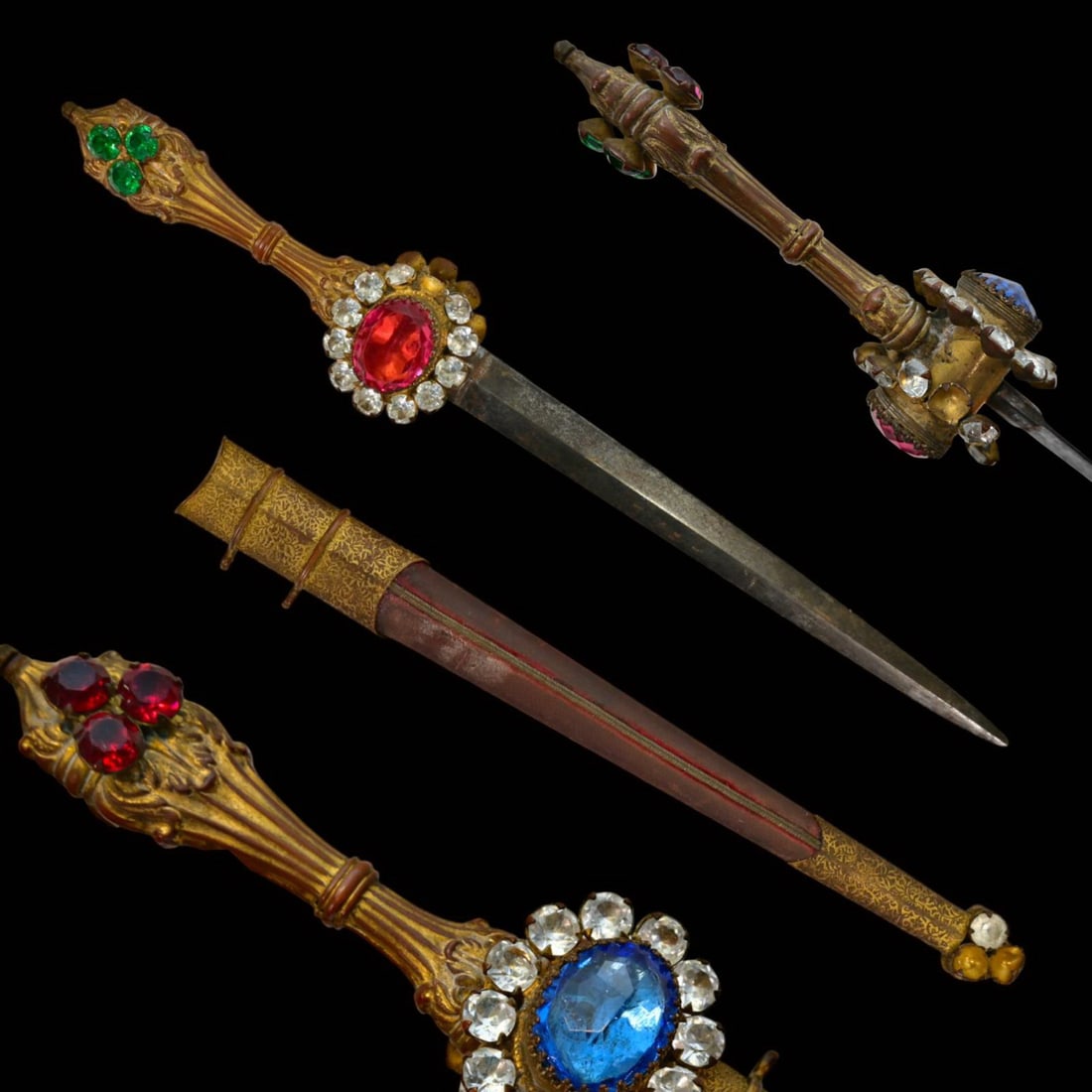 Large, Richly Decorated Ceremonial Dagger, France, 19th Century.: Large, Richly Decorated Ceremonial Dagger, France, 19th Century. An opulent ceremonial dagger, richly ornamented in the lavish French taste of the 19th century. The gilt bronze hilt is adorned with la