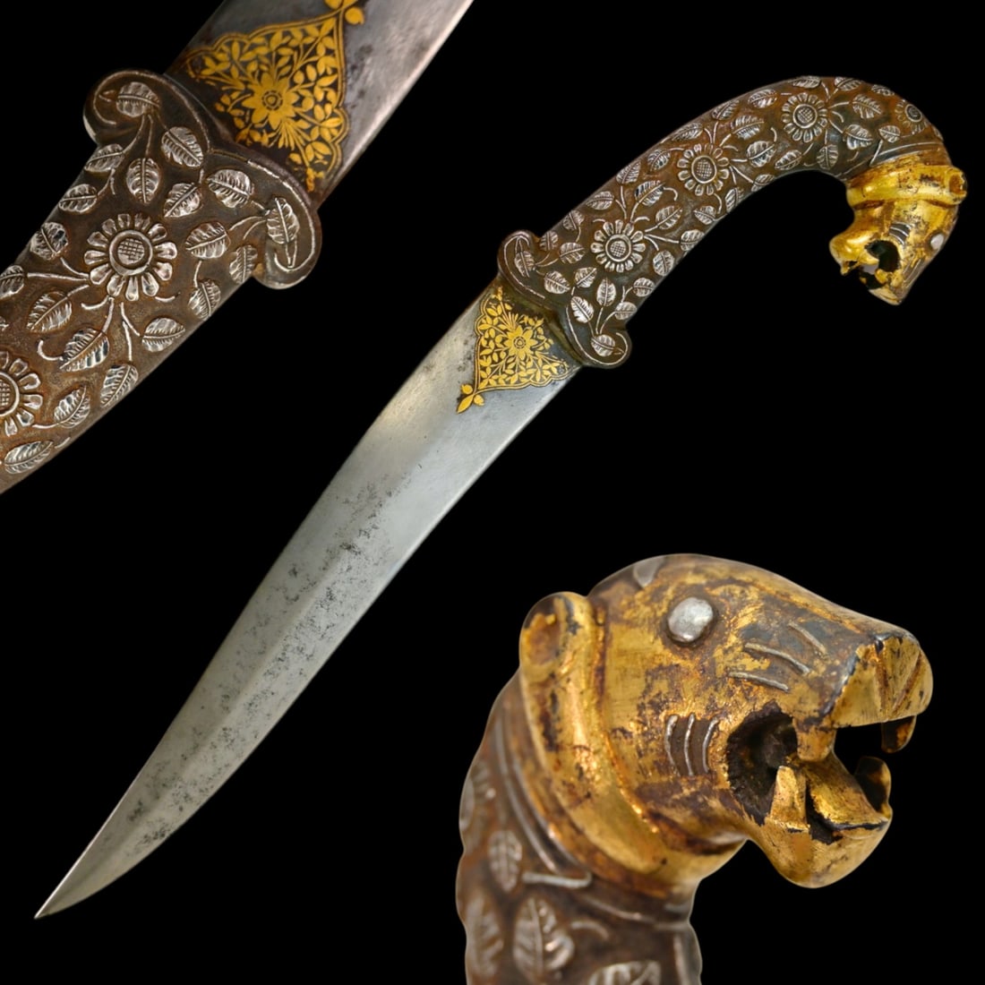 A Rare 19th Century Indian Dagger with Gilded Tiger-Head Hilt and golden koftgari blade.: A Rare 19th Century Indian Dagger with Gilded Tiger-Head Hilt and golden koftgari blade. This exceptional 19th-century Indian dagger stands as a superb example of the decorative weaponry, reflecting t