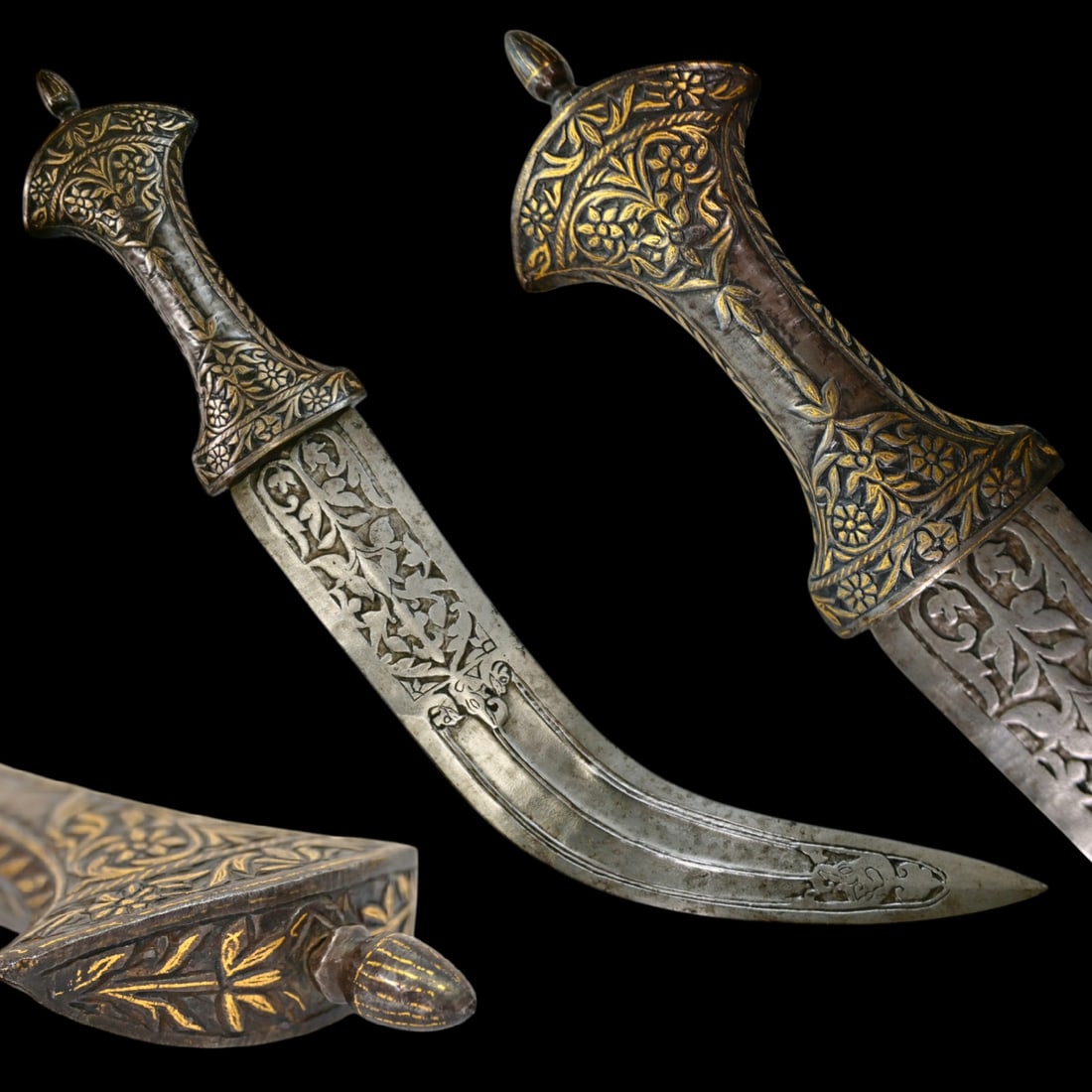 A 19th Century North Indian Koftgari-Decorated Khanjar Dagger with Decorated Blade. (1 of 5)