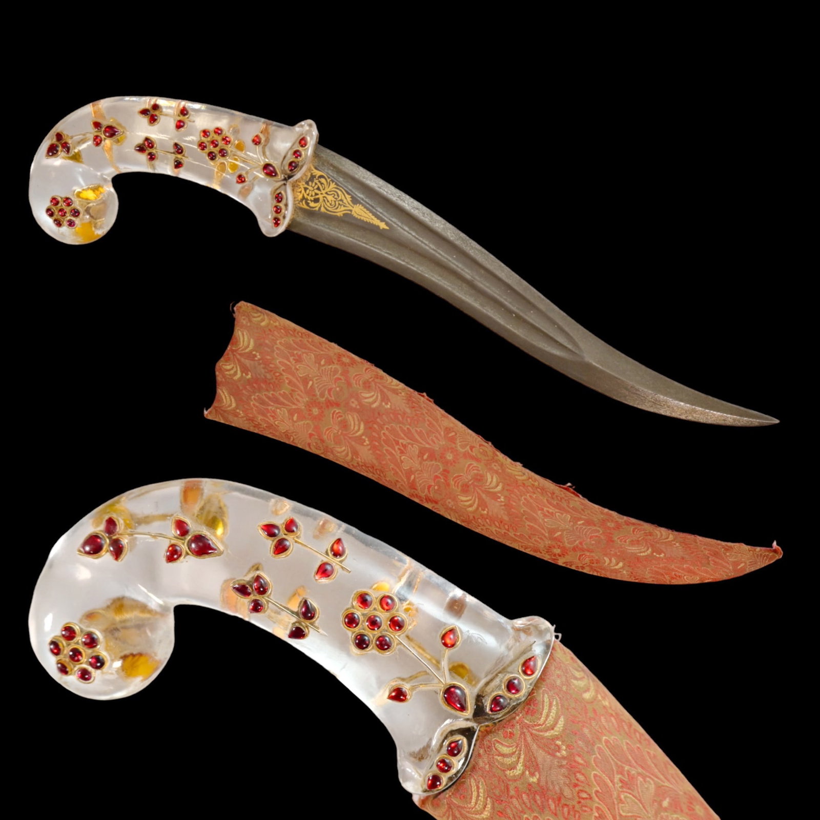 A Rare Mughal gem-set rock crystal hilted dagger with scabbard, India, 18th century.: A Mughal gem-set rock crystal hilted dagger with scabbard, India, 18th century. The recurved, double-edged blade forged from wootz steel has two fullers on each side. At the base of the blade there is