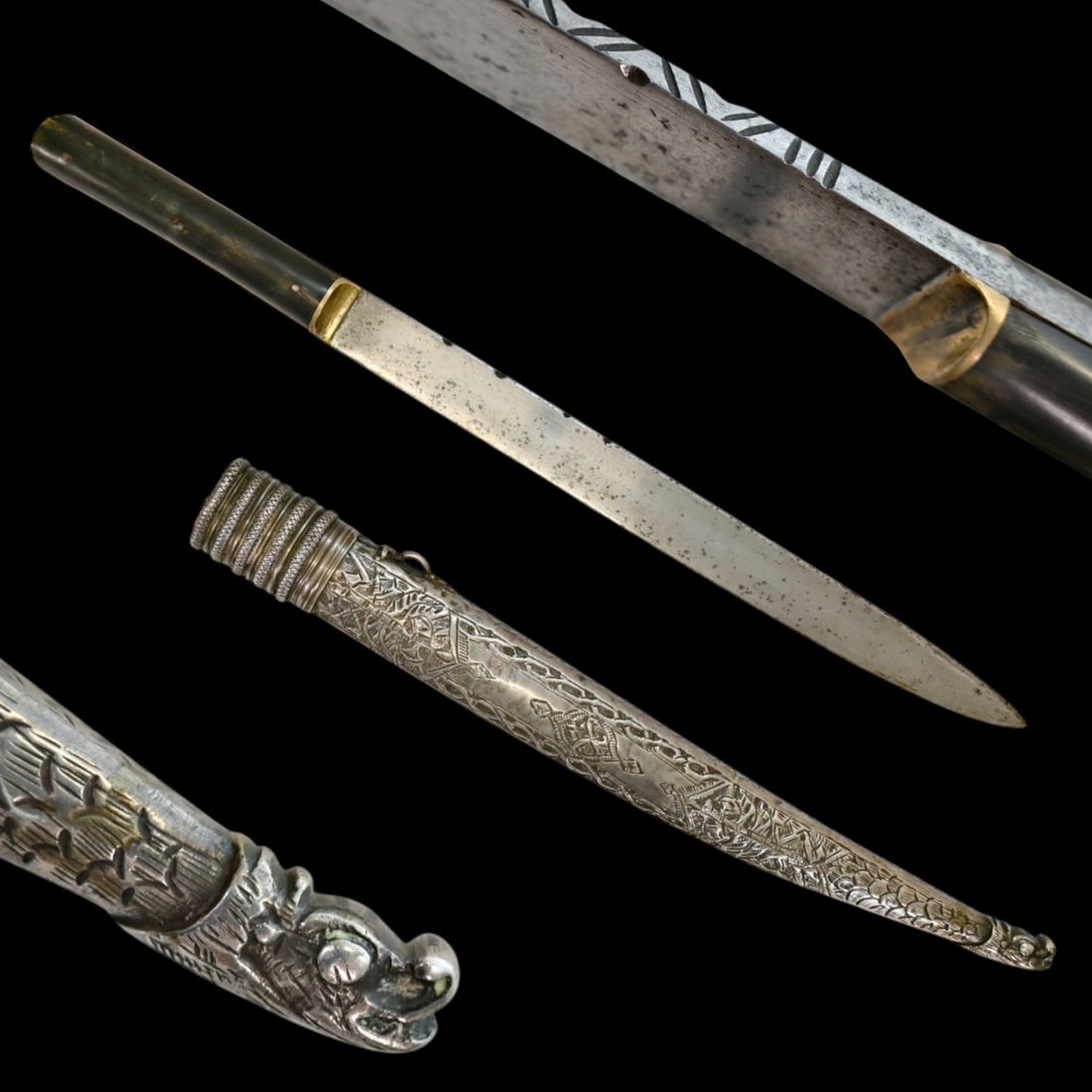 An Ottoman Silver-Mounted Knife with Chased and Embossed Scabbard, 19th Century.: An Ottoman Silver-Mounted Knife with Chased and Embossed Scabbard, 19th Century. This 19th-century Ottoman dagger is a example of silversmithing, featuring a straight, single-edged steel blade that is