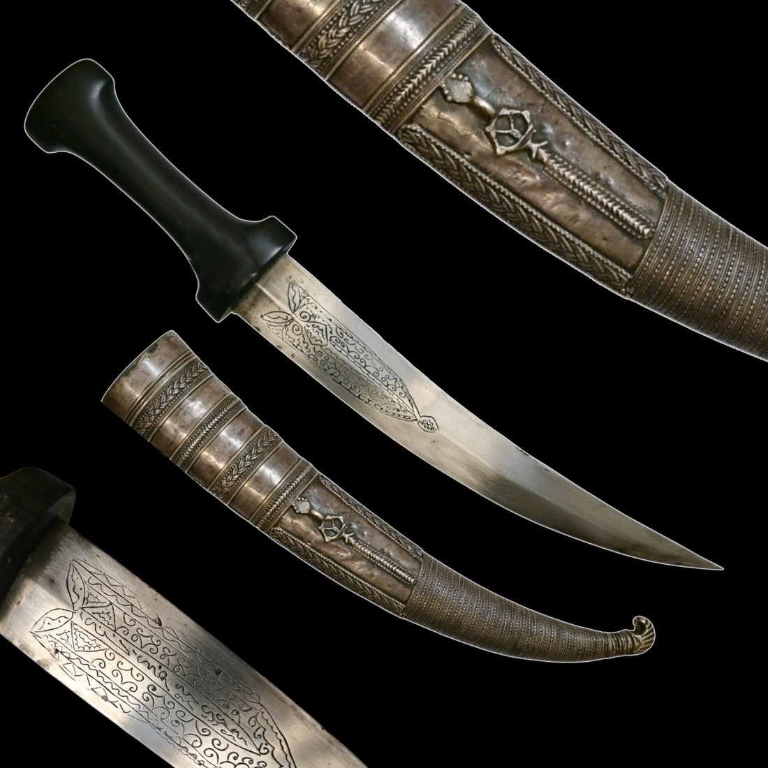 An Ottoman Silver-Mounted Jambiya Dagger with Filigree and Granulated Scabbard, 19th Century.: An Ottoman Silver-Mounted Jambiya Dagger with Filigree and Granulated Scabbard, 19th Century. This 19th-century Ottoman Jambiya is a refined example of the traditional curved daggers emblematic of the